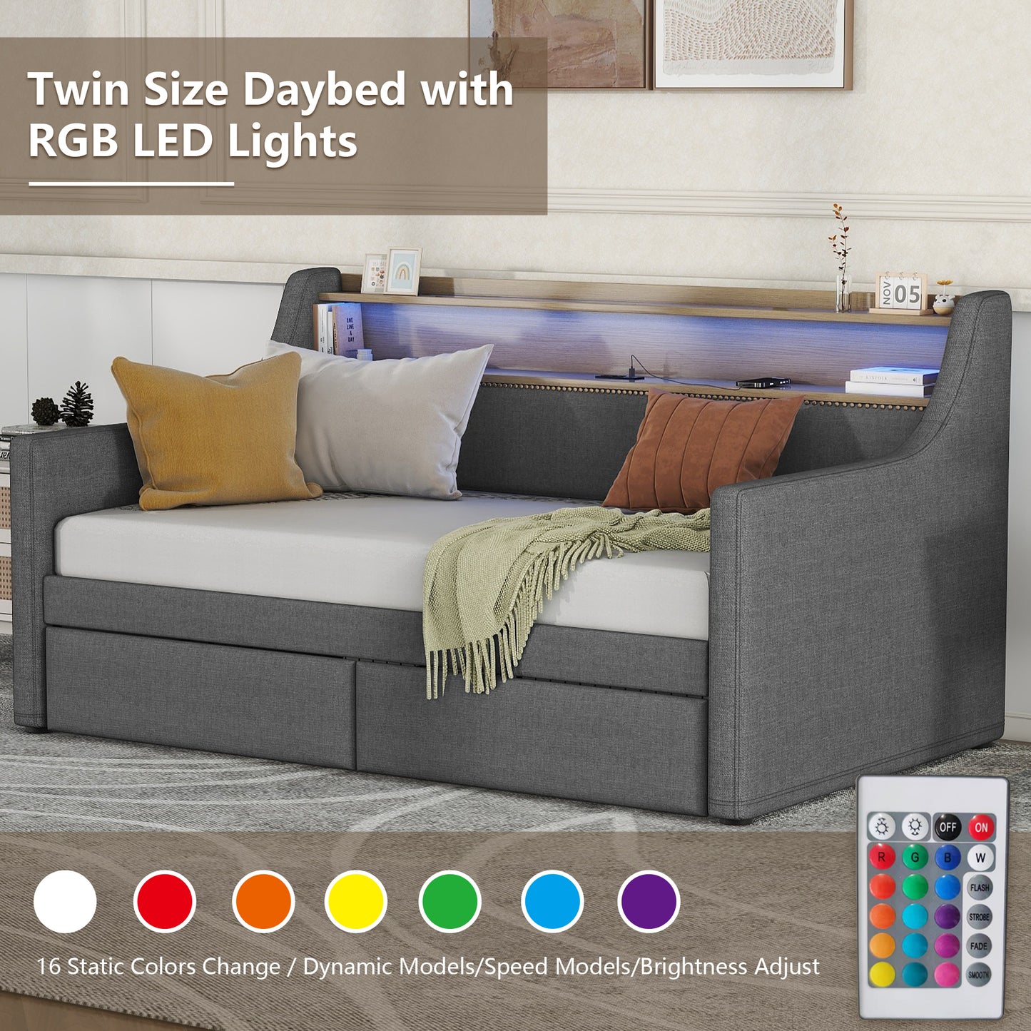 Twin Size Daybed with Storage Drawers, Upholstered Daybed with Charging Station and LED Lights, Gray (Expect arrive date: Jan 18th, 2024)