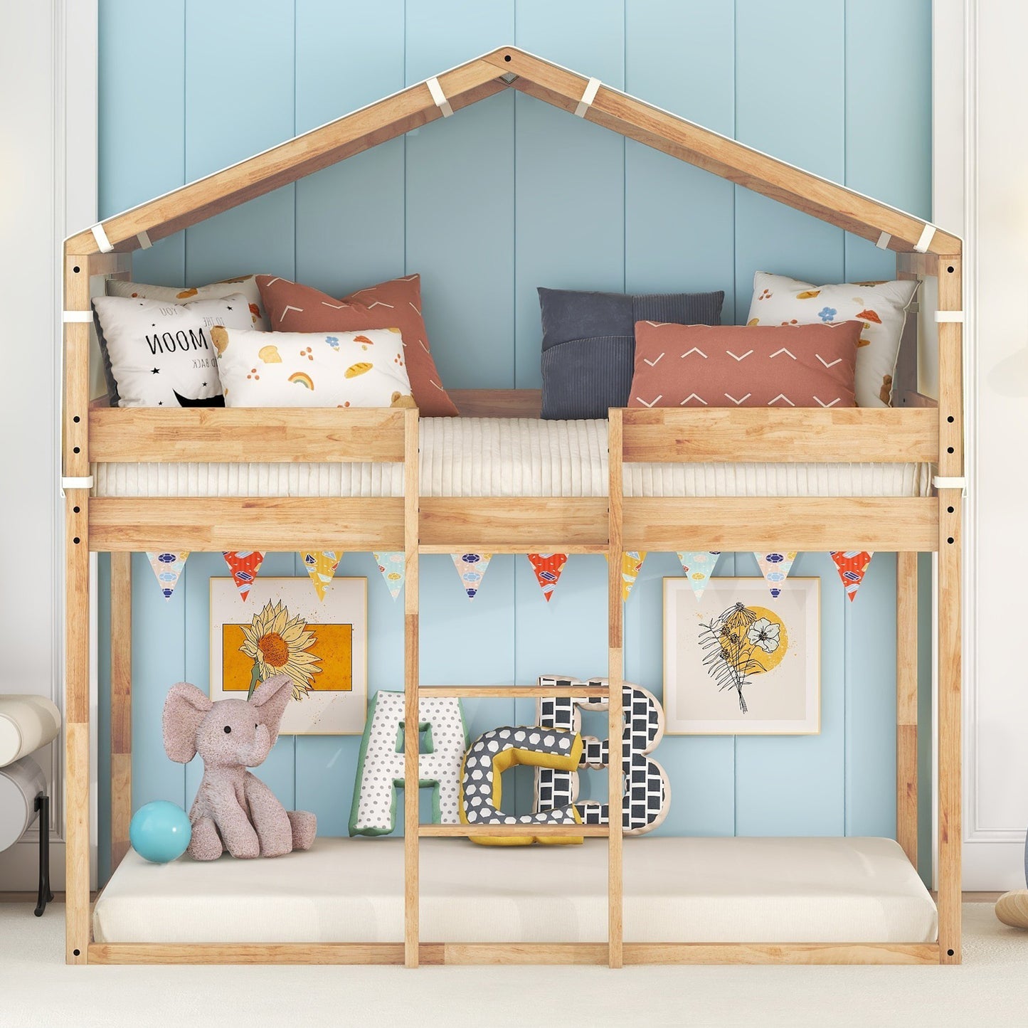 Natural Wood Twin Bunk Bed with Playful Tent in Rural Design