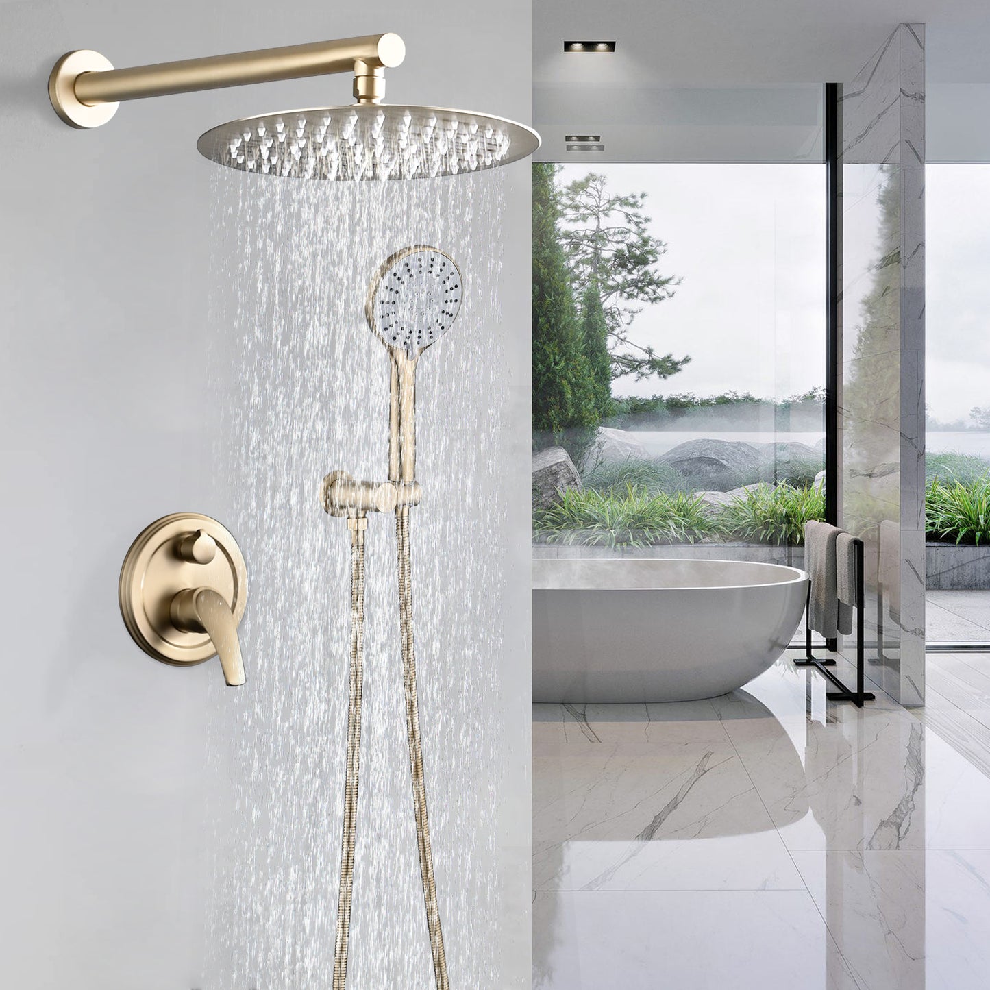 10 Inches Wall Mounted Shower Set with High Pressure Rain Shower Head and 5-Function Handheld Shower Head