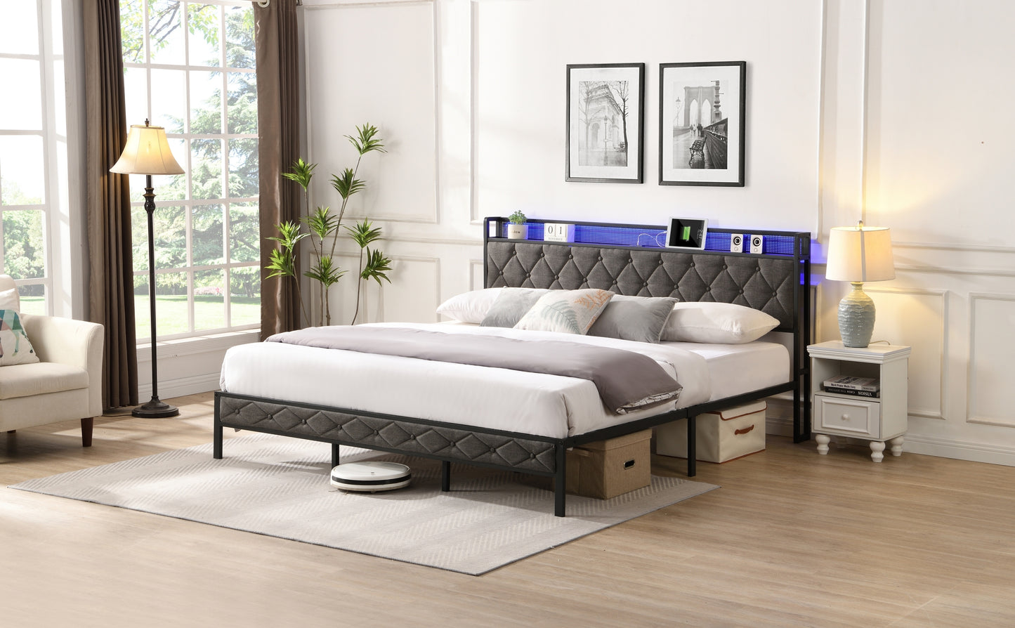 King Bed Frame with Storage Headboard, Charging Station and LED Lights, Upholstered Platform Bed with Heavy Metal Slats, No Box Spring Needed, Noise Free, Easy Assembly, Dark Gray