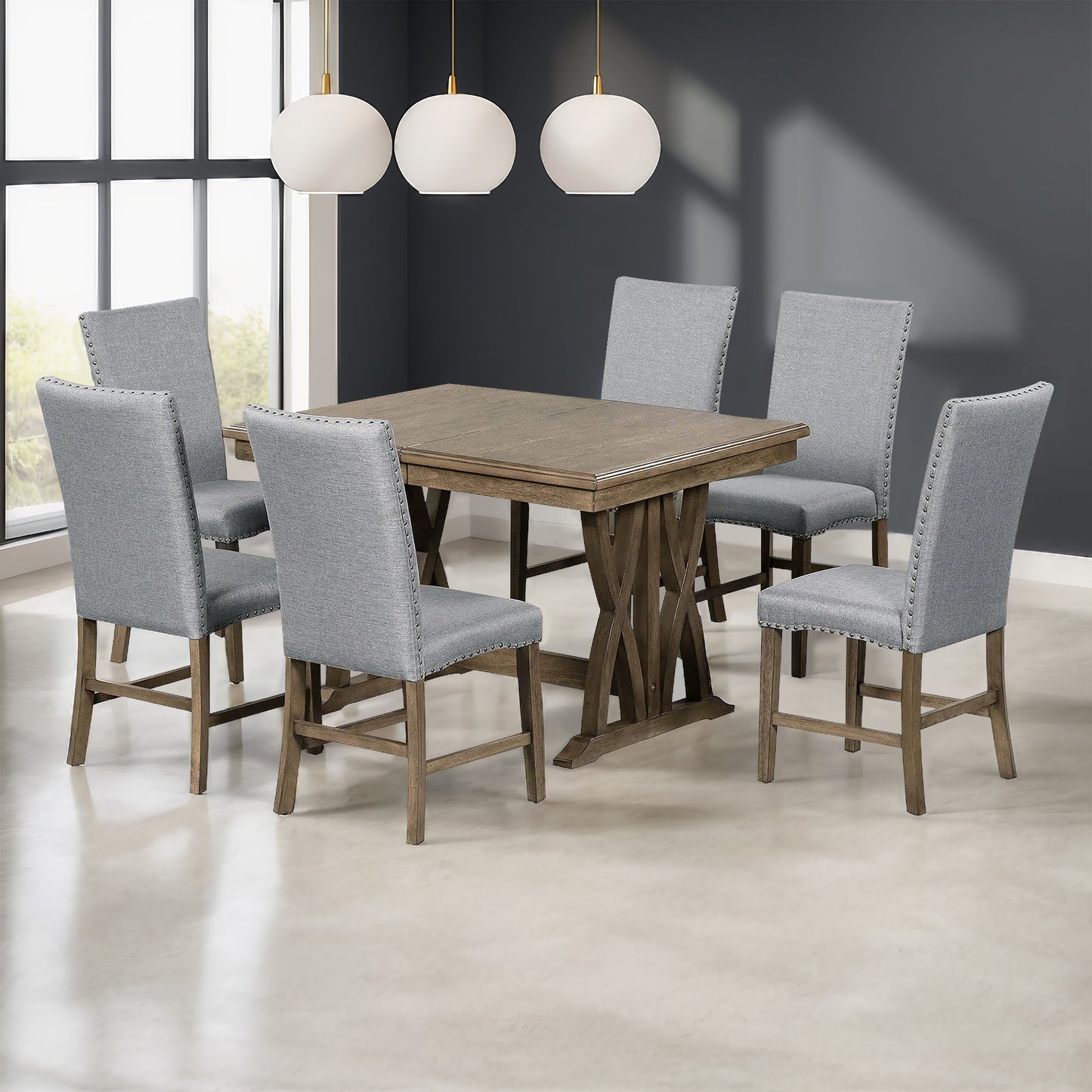 Mid-Century Solid Wood 7-Piece Dining Table Set Extendable Kitchen Table Set with Upholstered Chairs and 12" Leaf for 6, Golden Brown+Gray Cushion