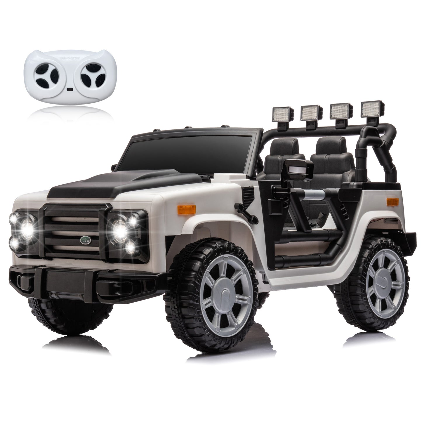 12v7a 30w*2 Four-wheel drive leather seat one button start,forward and backward, high and low speed,  music, front light, power display,  two doors can open, 2.4G R/C, seat belt four wheel absorber