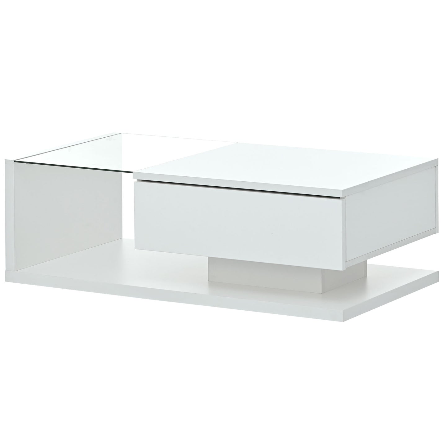 Contemporary White Coffee Table with Glass Top and High-Gloss Finish