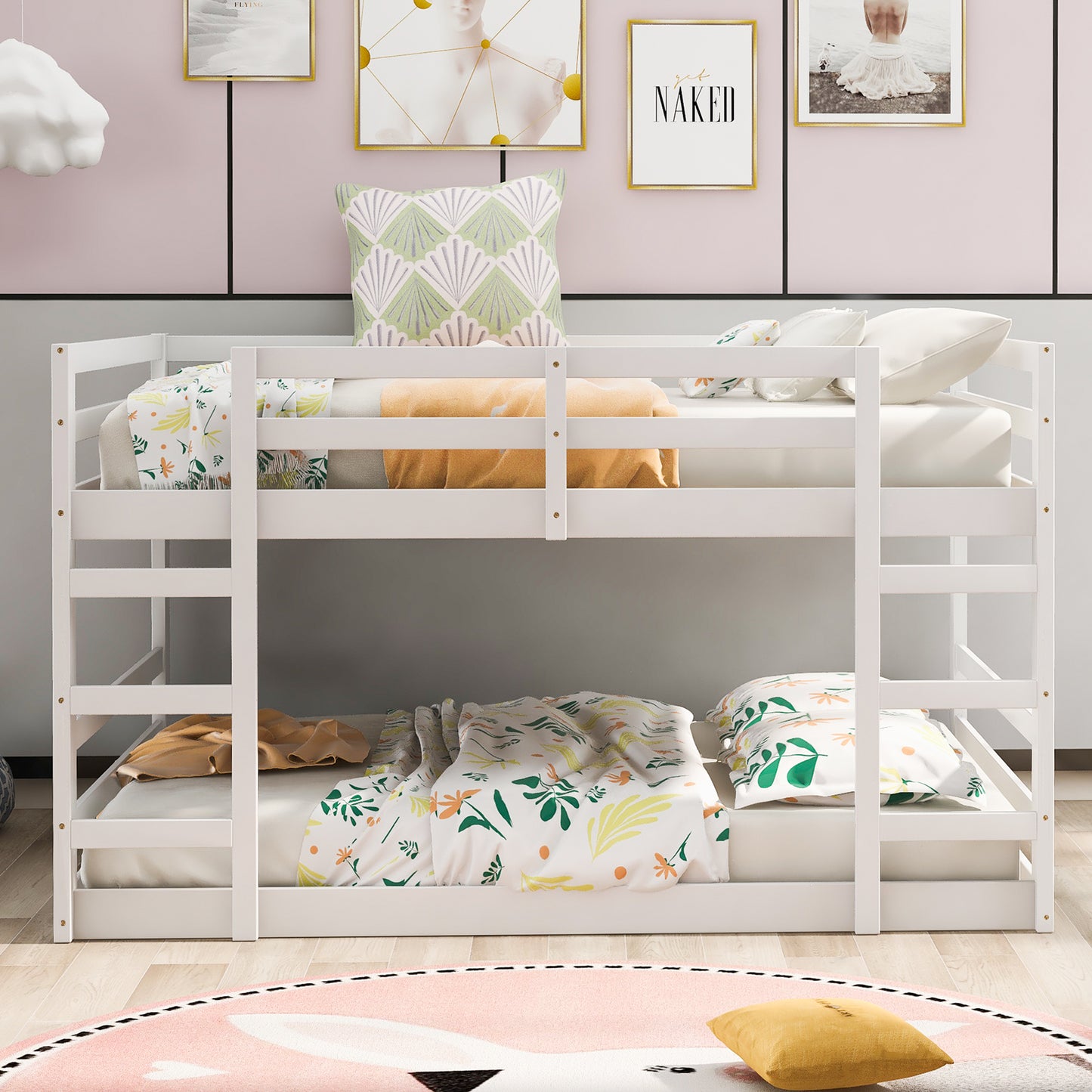 White Twin Over Full Bunk Bed with Ladder