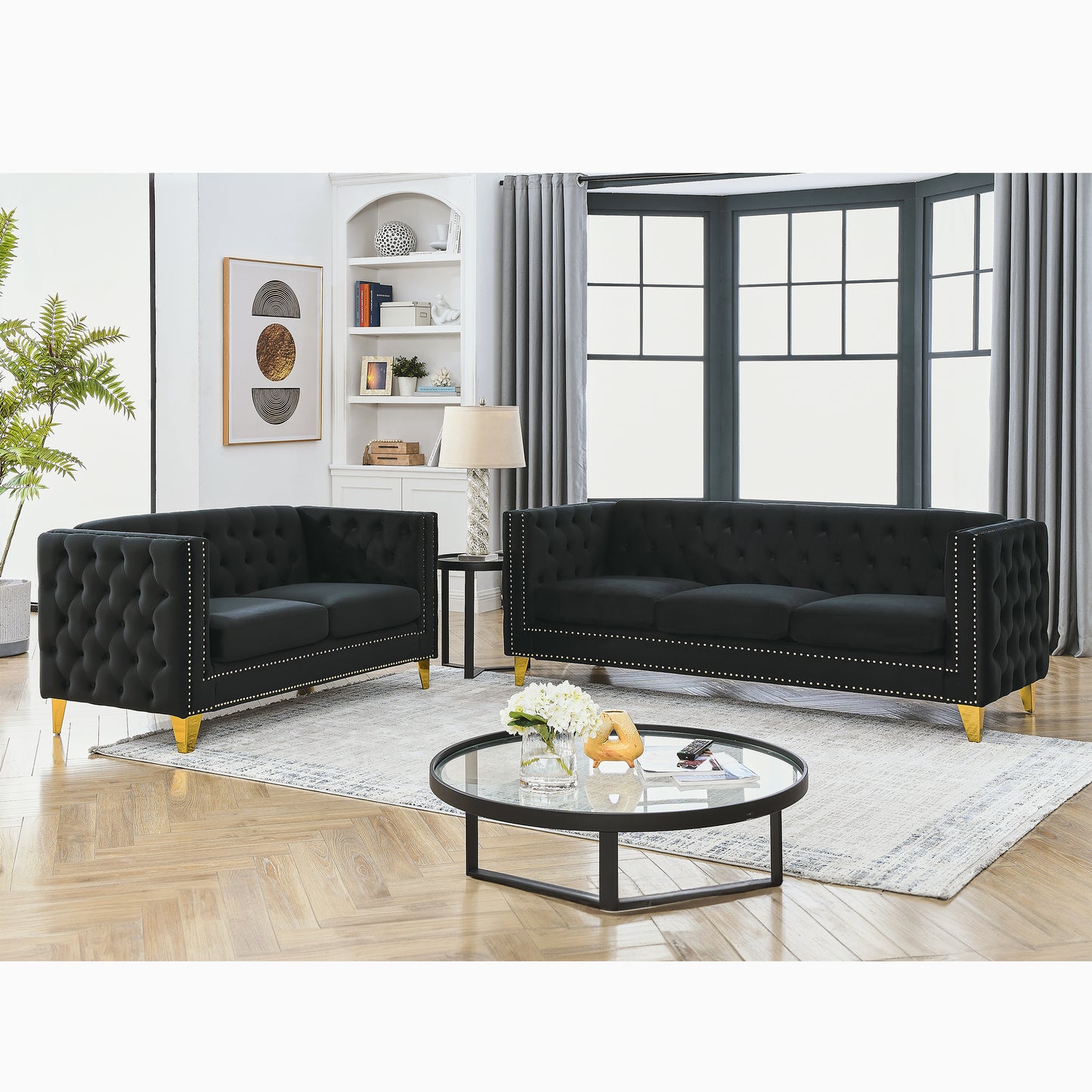 Black Velvet 3-Seater and 2-Seater Combination Sofa