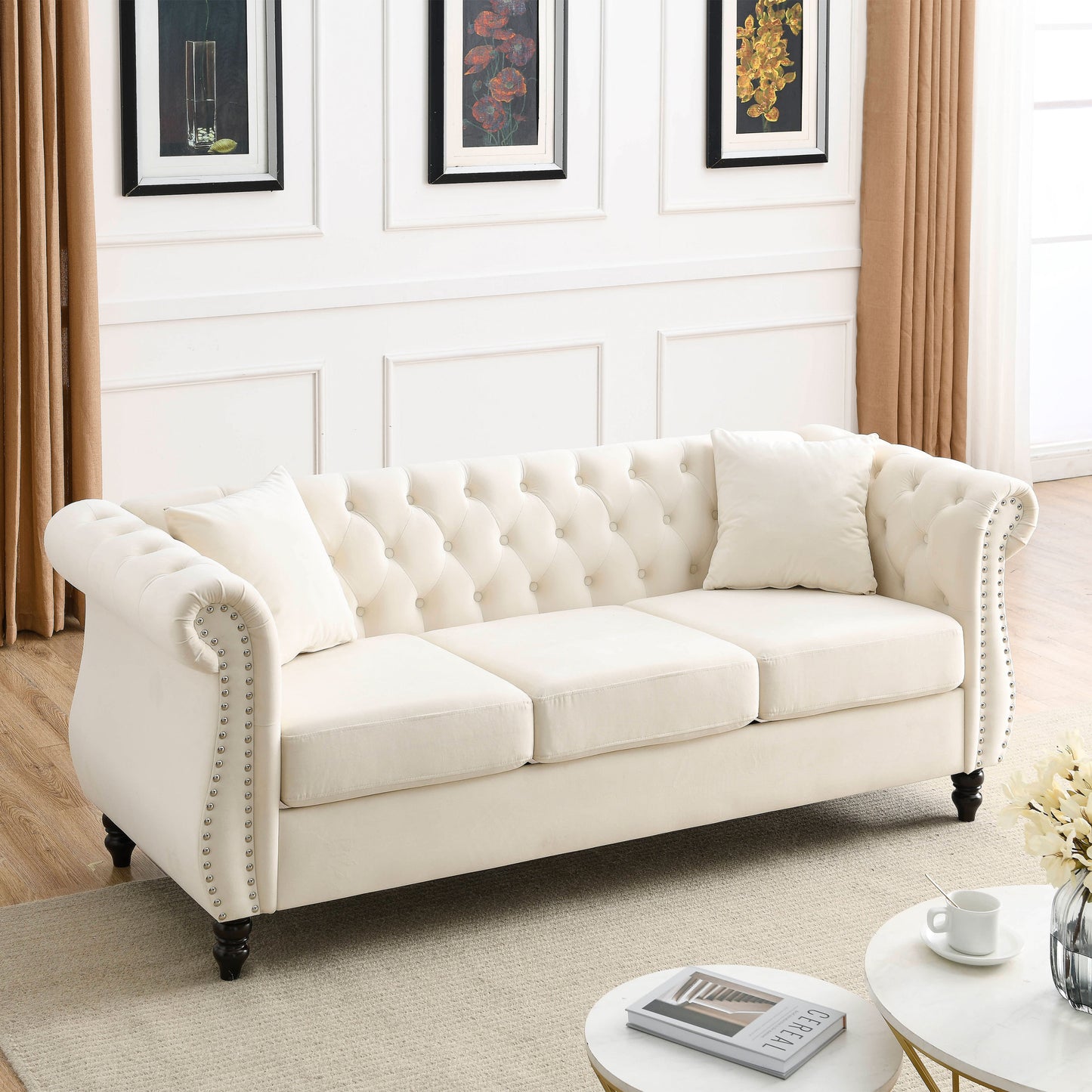 Beige Velvet Chesterfield 3-Seater Sofa Set