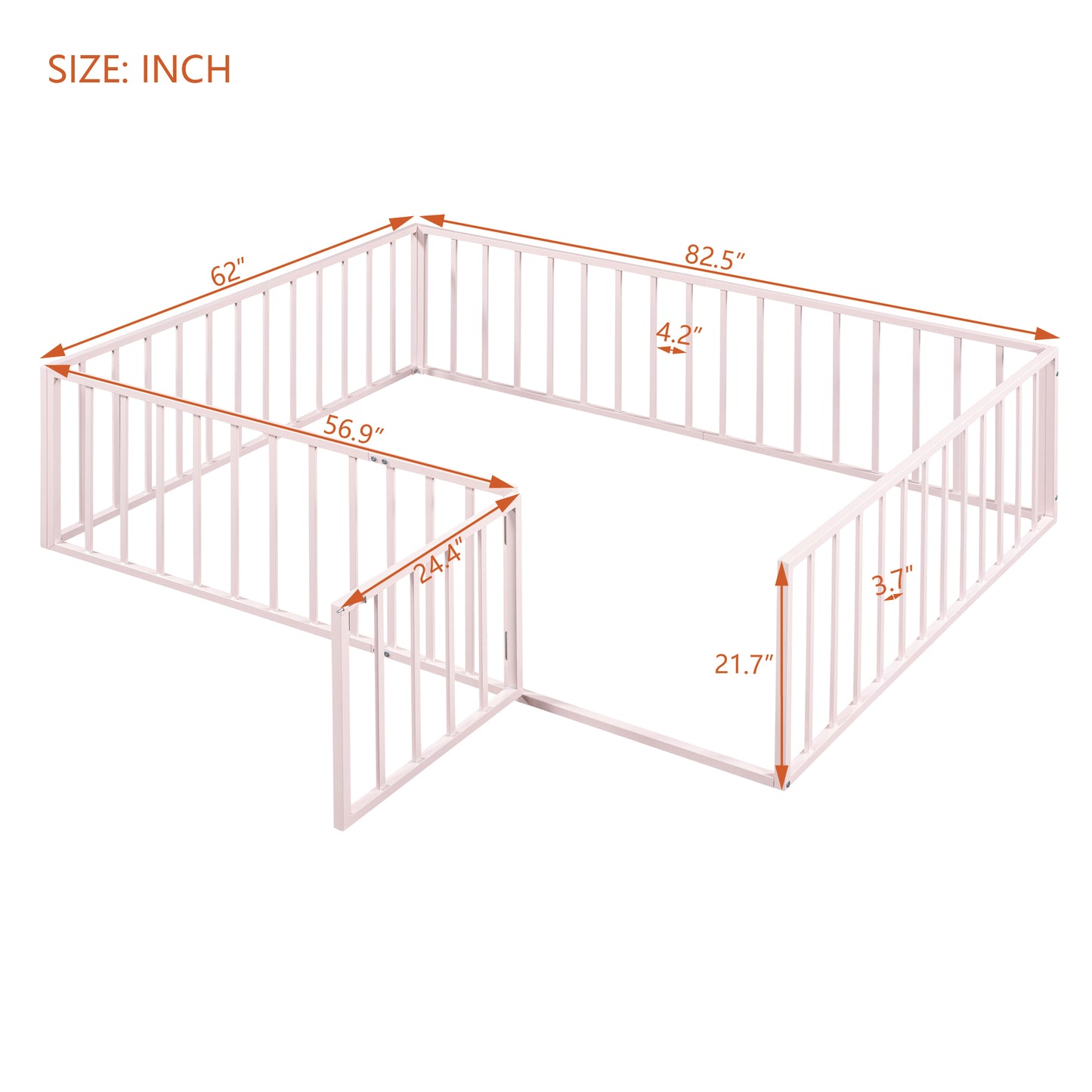 Queen Size Metal Floor Bed Frame with Fence and Door, Pink