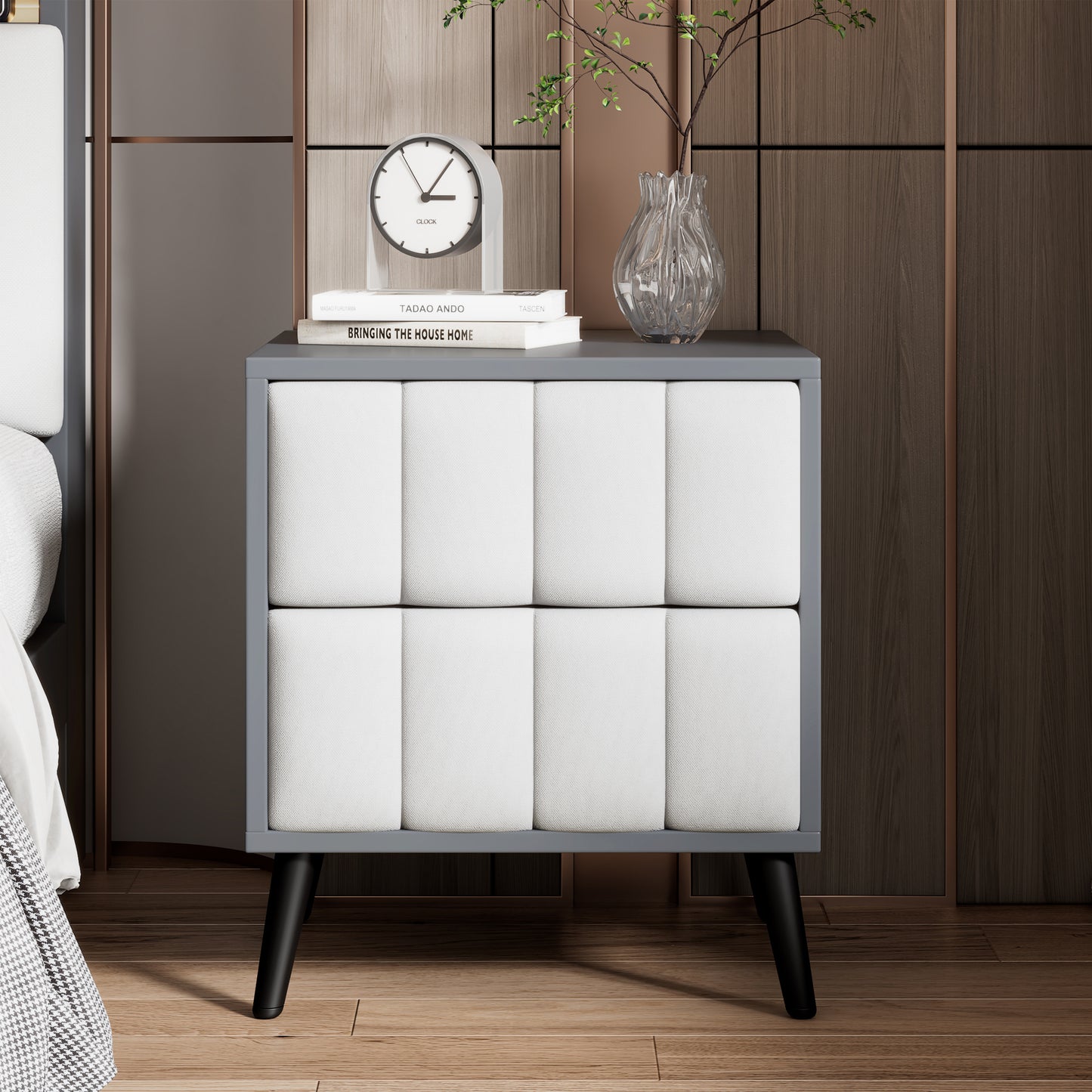 2-Drawer Nightstand for Bedroom, Mordern Wood+Linen Bedside Table with Classic Design,Gray+White