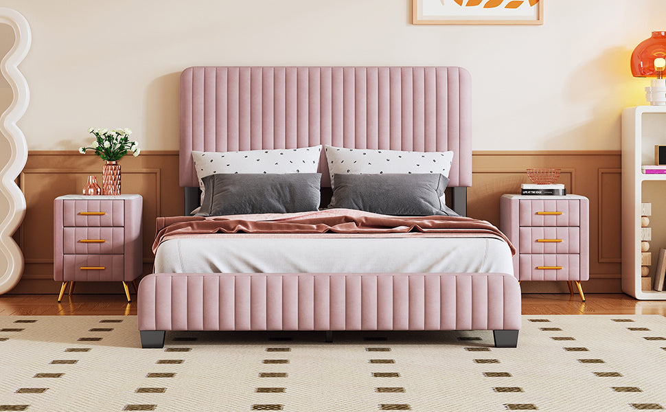 Full Size Upholstered Platform Bed,No Box Spring Needed, Velvet Fabric,Pink