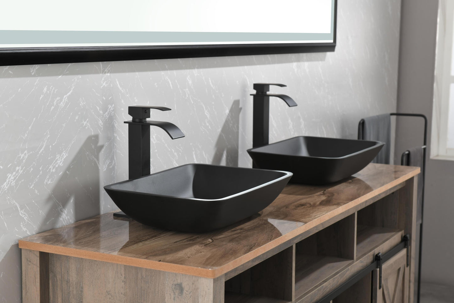 Black Matte Glass Vessel Bathroom Sink Set with Faucet and Drain