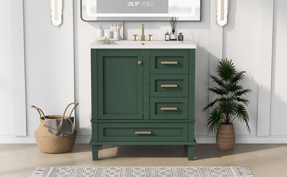 30" Bathroom Vanity in Green, Modern Bathroom Cabinet with Sink Combo Set, Bathroom Storage Cabinet with a Soft Closing Door and 3 Drawers, Solid Wood Frame