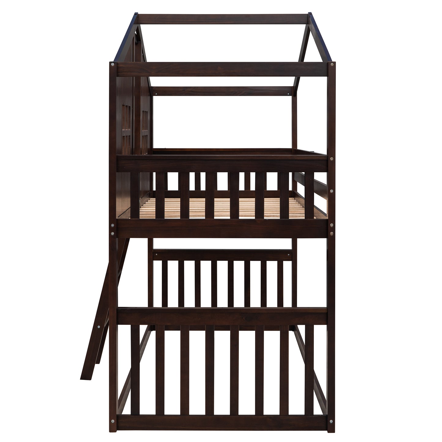 House Loft Bunk Bed with Playful Roof Design and Rustic Charm, Espresso Finish