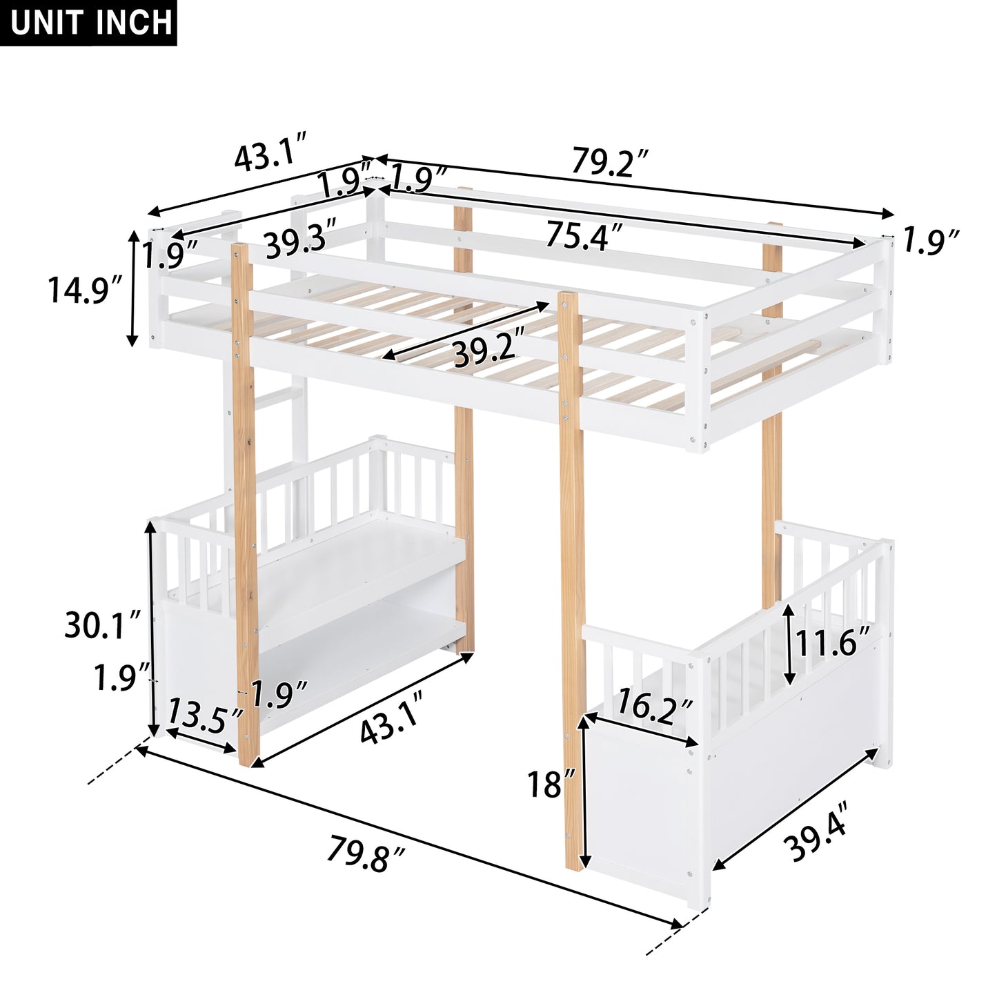 Wood Twin Size Loft Bed with 2 Seats and a Ladder, White