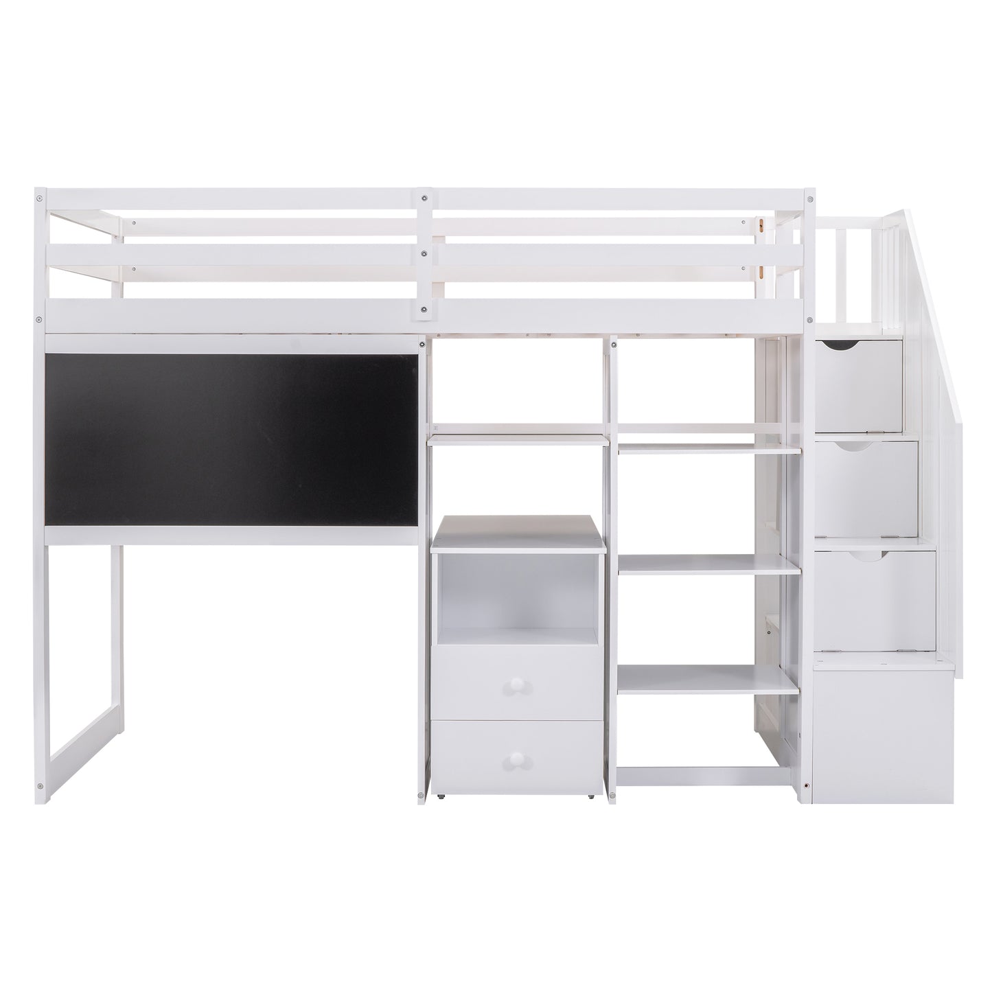 Twin Size Loft Bed with Pullable Desk and Storage Shelves,Staircase and Blackboard,White