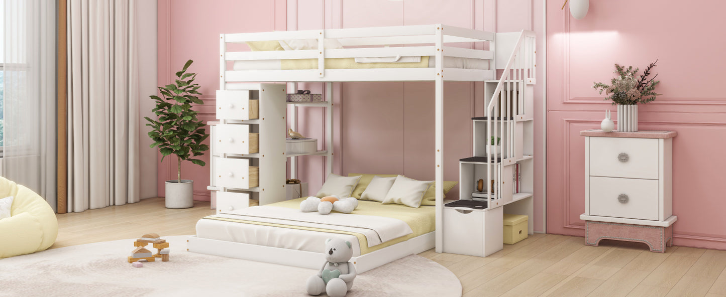 White Twin Over Full Bunk Bed with Storage Stairs & Drawers for Space-Saving Solution