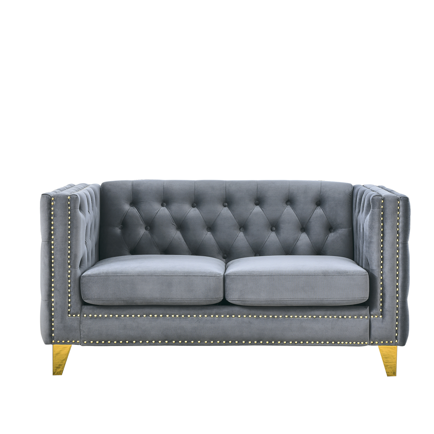 Velvet Sofa for Living Room,Buttons Tufted Square Arm Couch, Modern Couch Upholstered Button and Metal Legs, Sofa Couch for Bedroom, Grey Velvet-2S