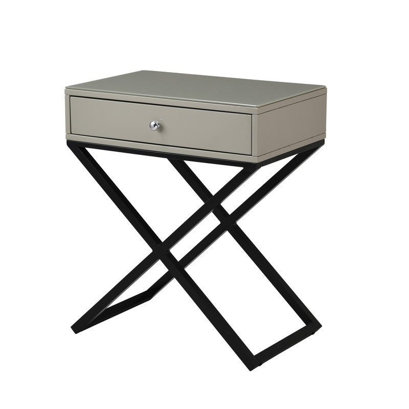 Koda Taupe Wooden End Side Table Nightstand with Glass Top, Drawer and Metal Cross Base