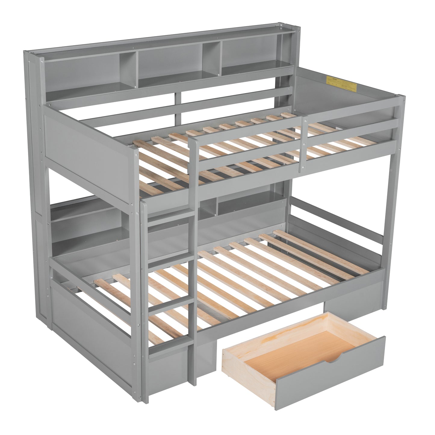 Twin Size Gray Bunk Bed with Storage Drawer and Built-in Shelves