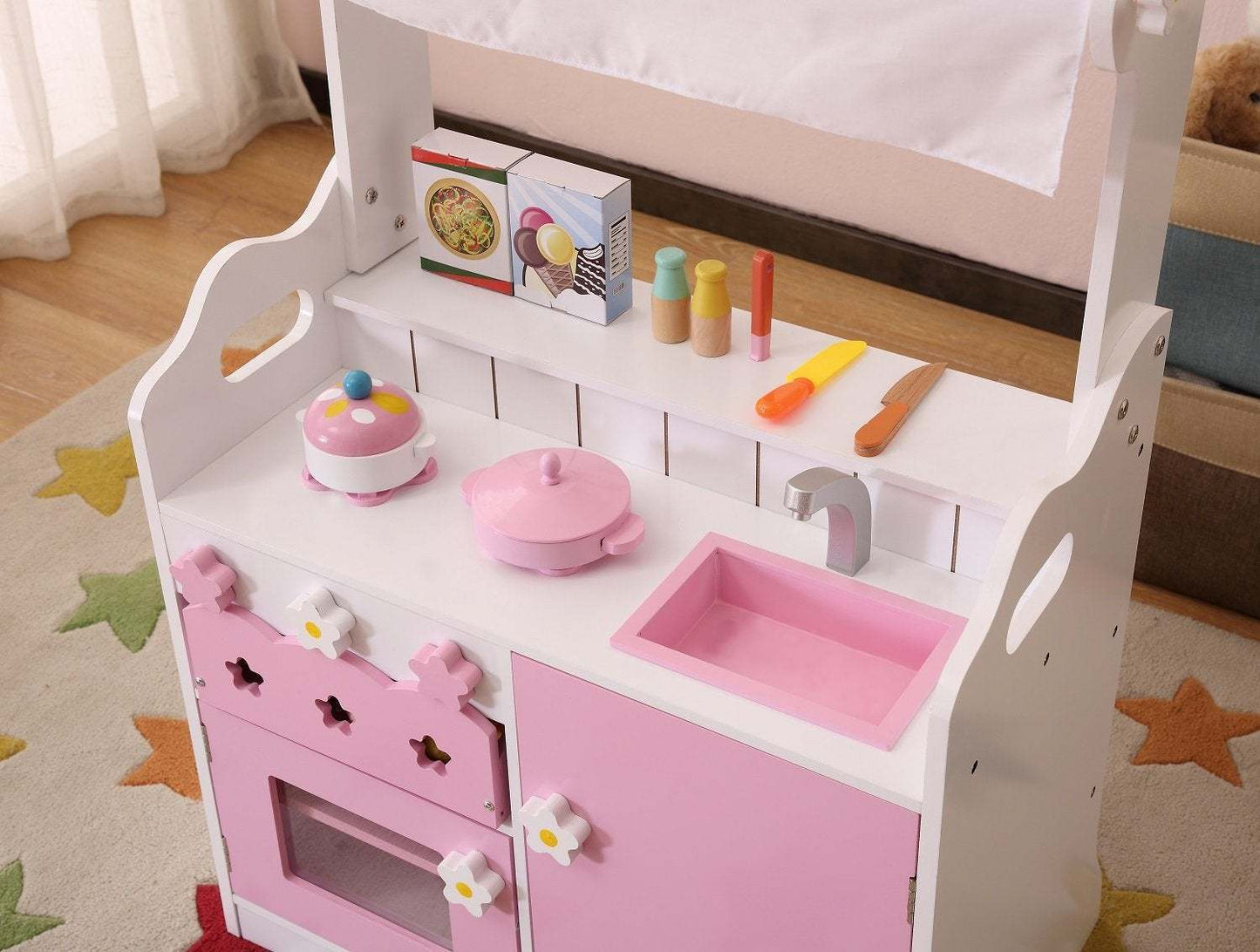 Pretend Kitchen and Market Stall - Pink 2-in-1 Playset for Kids