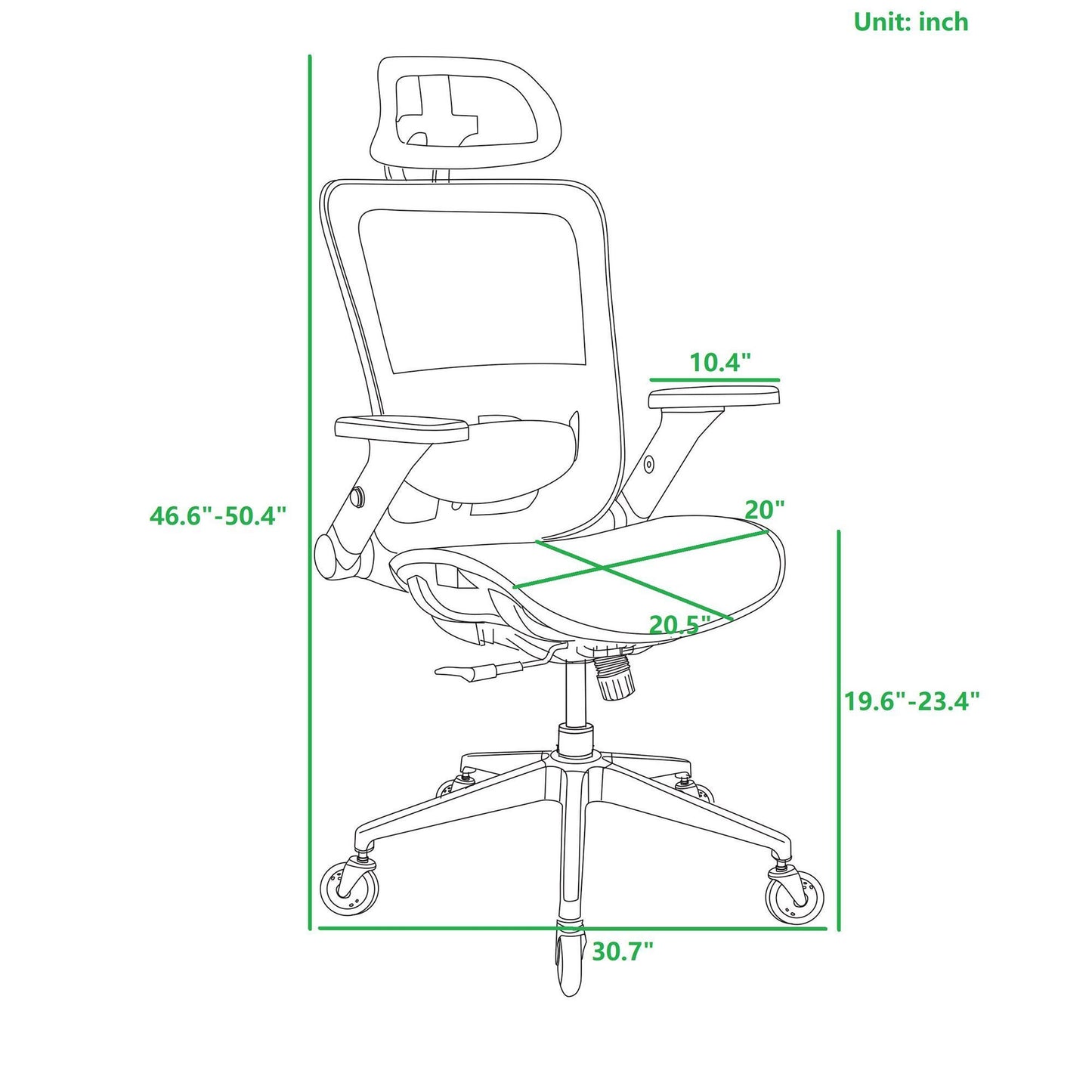 WHITE Ergonomic Mesh Office Chair, High Back - Adjustable Headrest with Flip-Up Arms, Tilt and lock Function, Lumbar Support and blade Wheels, KD chrome metal legs