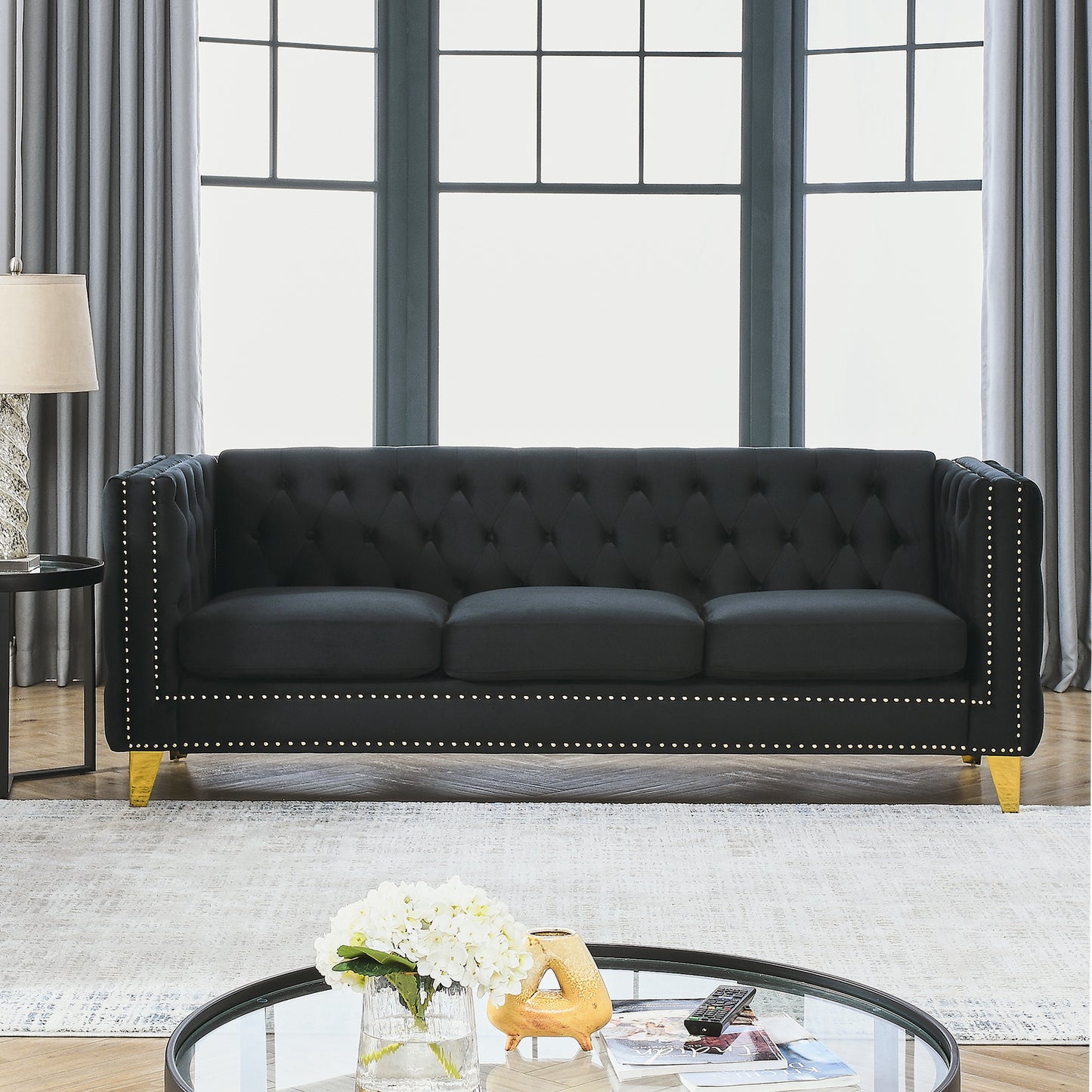 Velvet Sofa for Living Room,Buttons Tufted Square Arm Couch, Modern Couch Upholstered Button and Metal Legs, Sofa Couch for Bedroom, Black Velvet