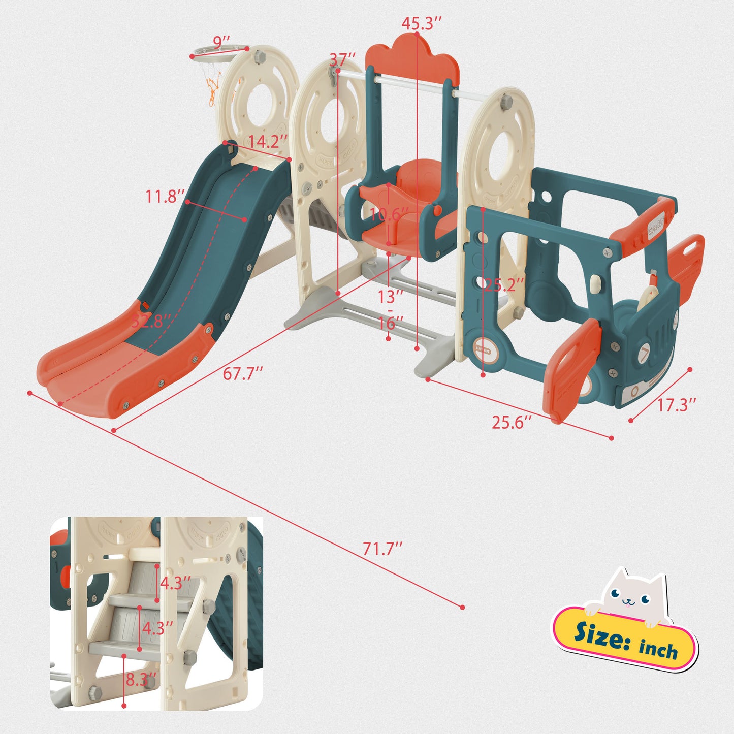 Kids Swing-N-Slide with Bus Play Structure, Freestanding Bus Toy with Slide&Swing for Toddlers, Bus Slide Set with Basketball Hoop