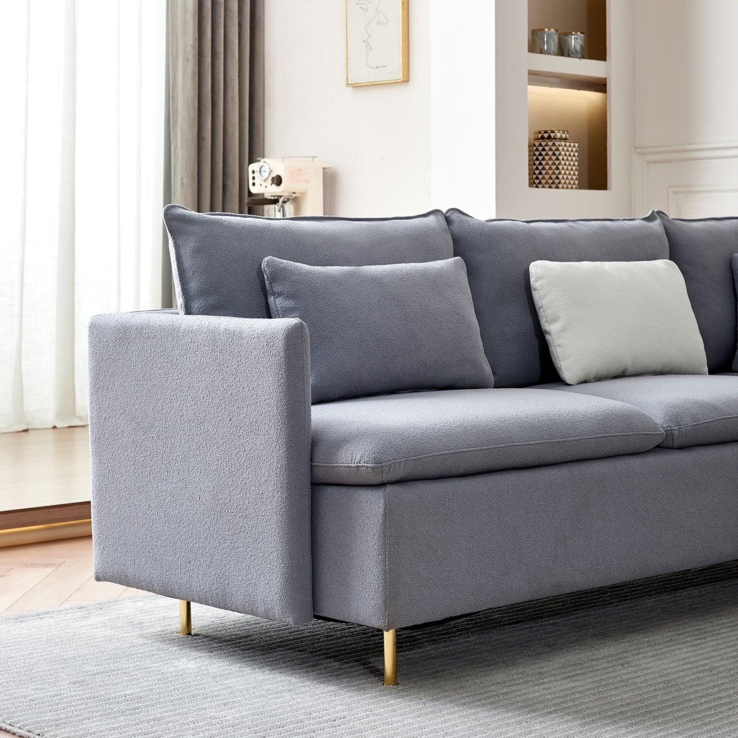 92 Luxurious Gray Modern L-Shaped Teddy Fabric Sectional Sofa with Supportive Waist Pillows for Home and Office