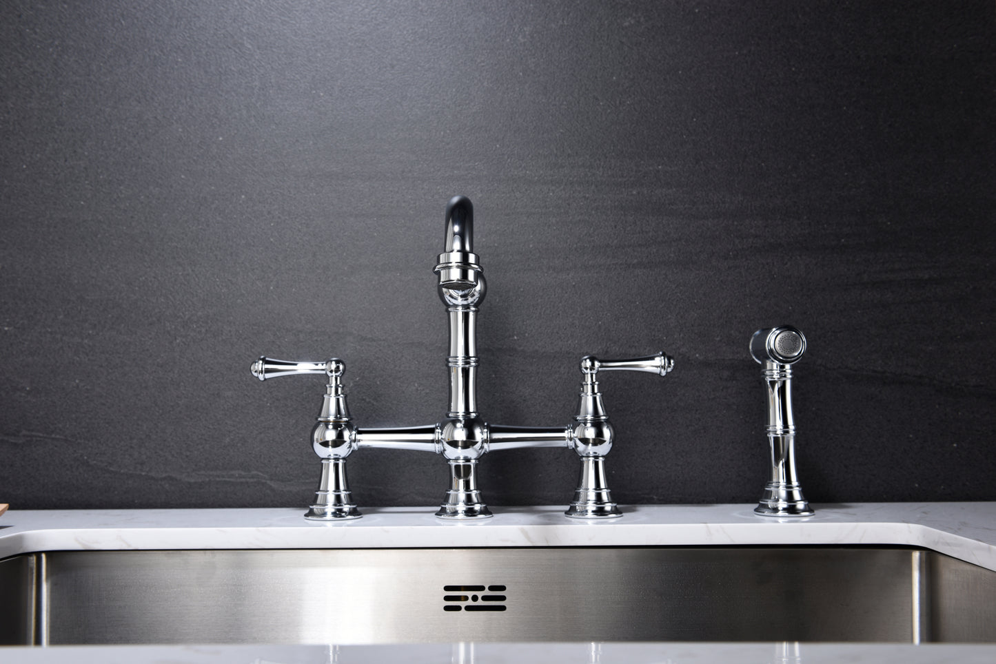 Bridge Dual Handles Kitchen Faucet With Pull-Out Side Spray in