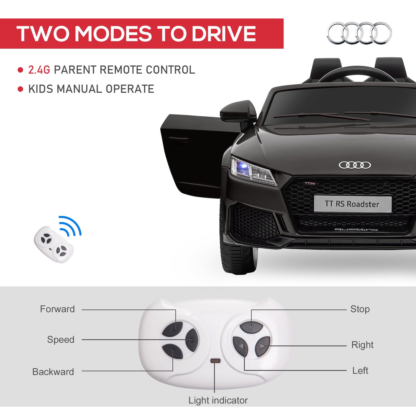 Aosom 6V Kids Electric Ride On Car, Licensed Audi TT RS with Suspension System and Remote Control, Horn, 5 Songs, Lights, MP3 Player - Black