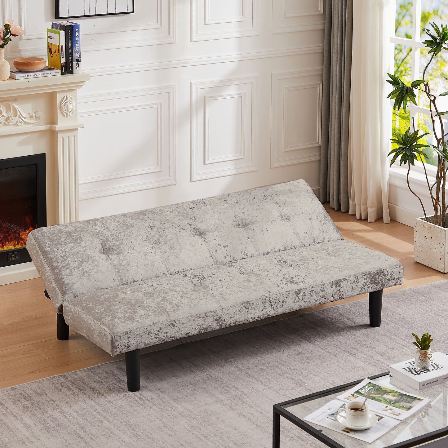 Modern sofa bed in iced velour, multi-position adjustable sofa bed, plastic feet