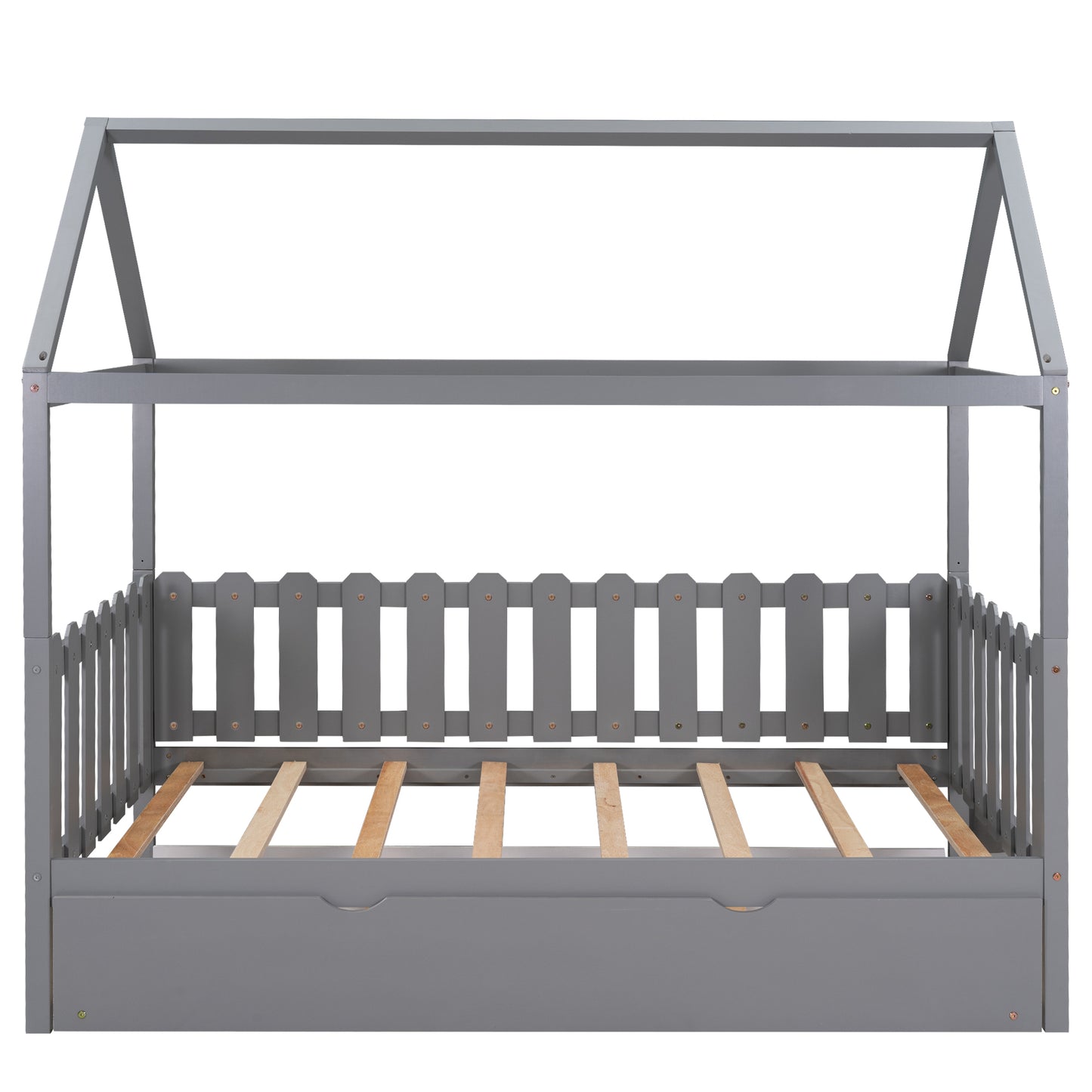 Twin Size House Bed with Trundle, Fence-shaped Guardrail, Gray(New)