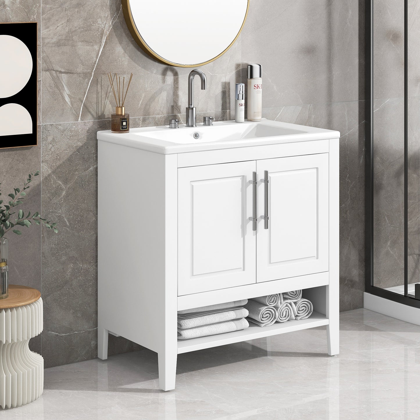 30" Bathroom Vanity with Sink, Multi-functional Bathroom Cabinet with Doors and Drawers, Solid Frame and MDF Board, White