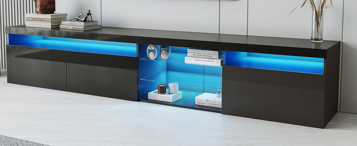 Contemporary Black LED TV Stand with Glass Shelves and Ample Storage Space