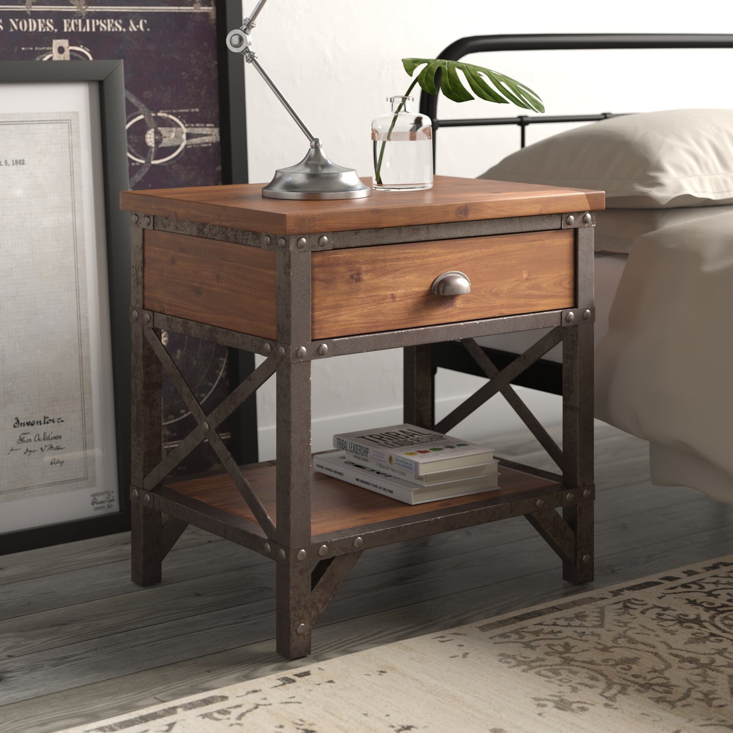 Unique Style Two-Tone Finish Nightstand of Drawer Shelf Metal Finished Brackets Industrial Design Bedroom Furniture