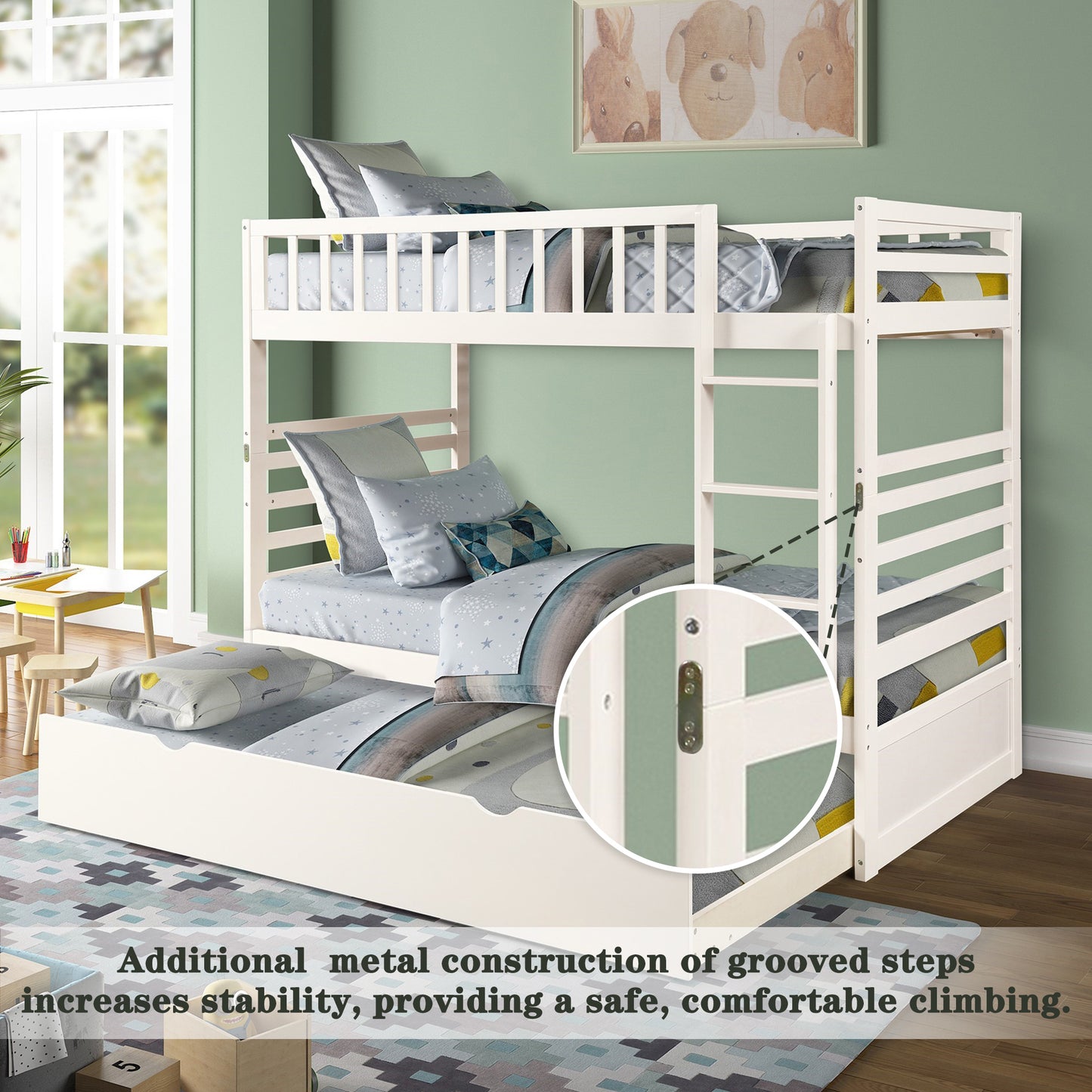 Kids Solid Hardwood Twin Bunk Bed Set with Trundle Bed and Safety Features