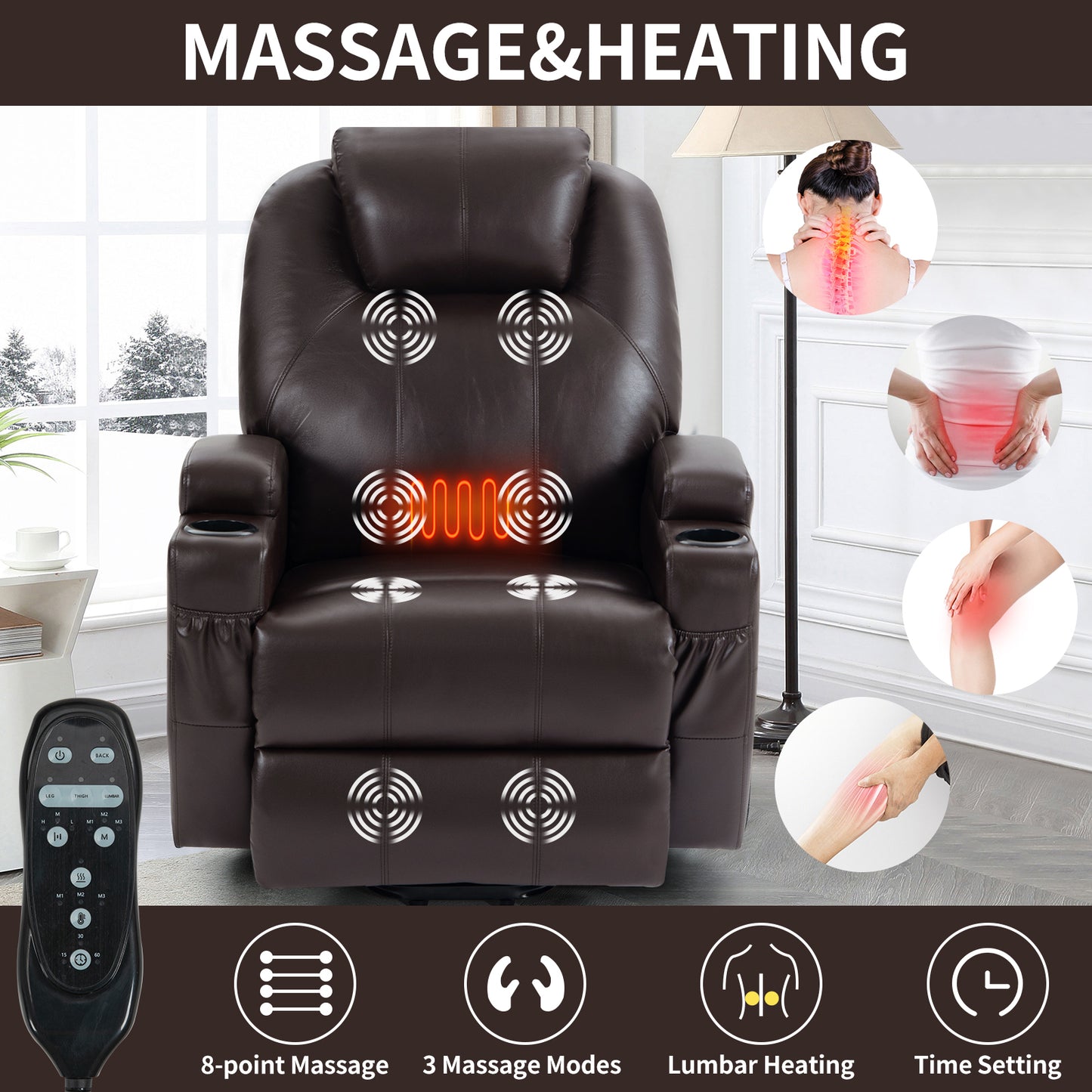 350lbs Okin Motor Power Lift Recliner Chair with Massage and Heating, Cup Holders and USB Charge Port - Brown