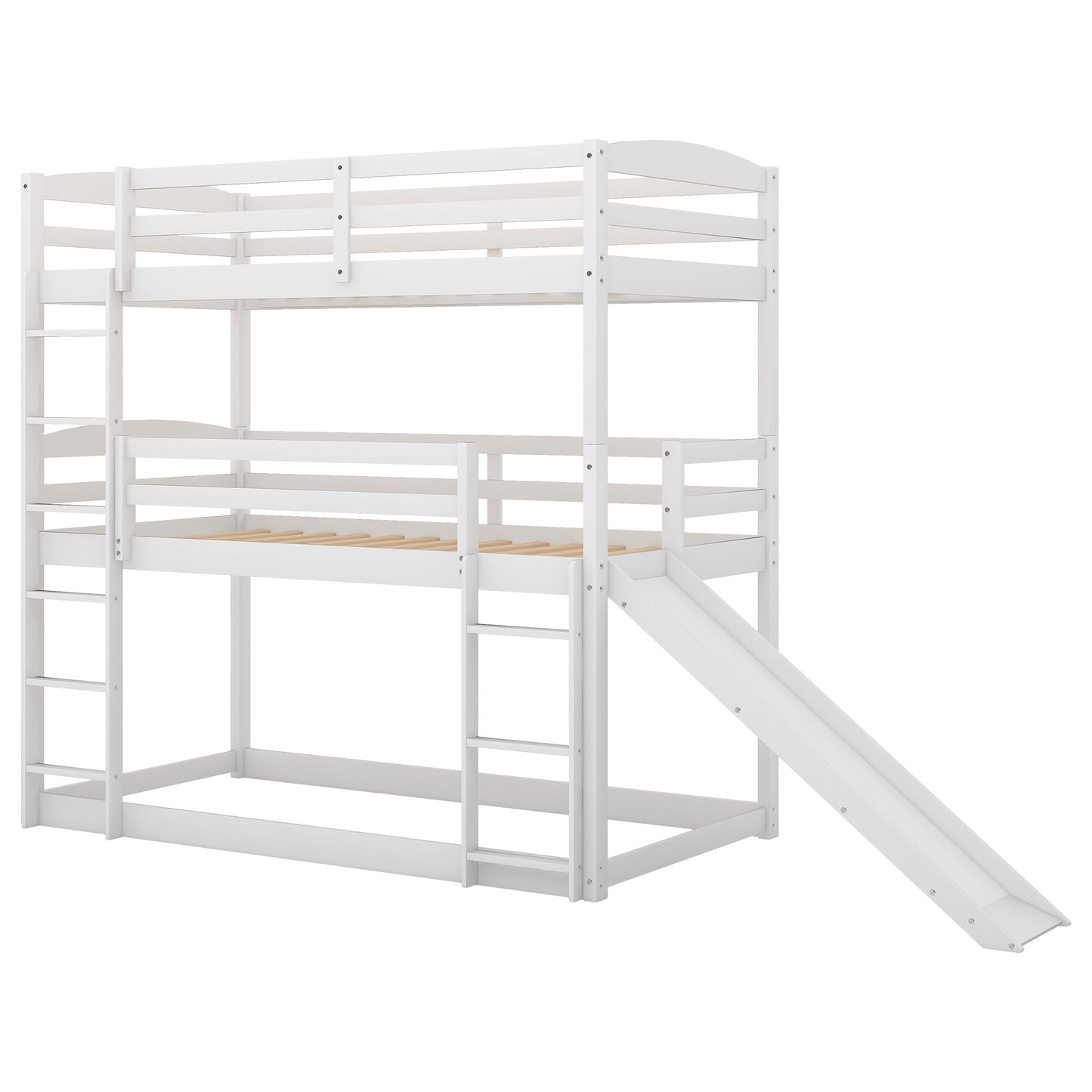 Triple Bunk Bed with Ladder, Slide, and Twin-Twin-Twin Design for White Bedroom Fun