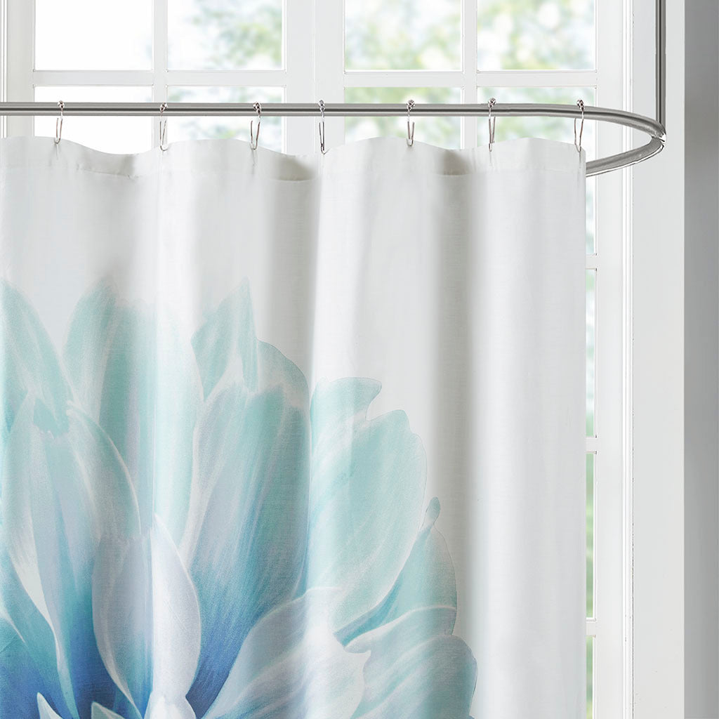 Aqua Floral Cotton Shower Curtain with Modern Design