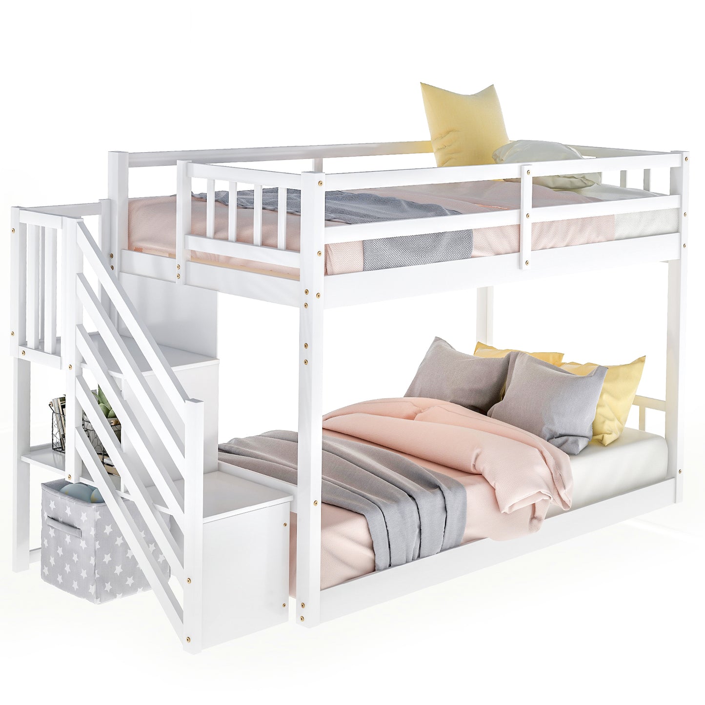 White Twin Floor Bunk Bed with Ladder and Storage