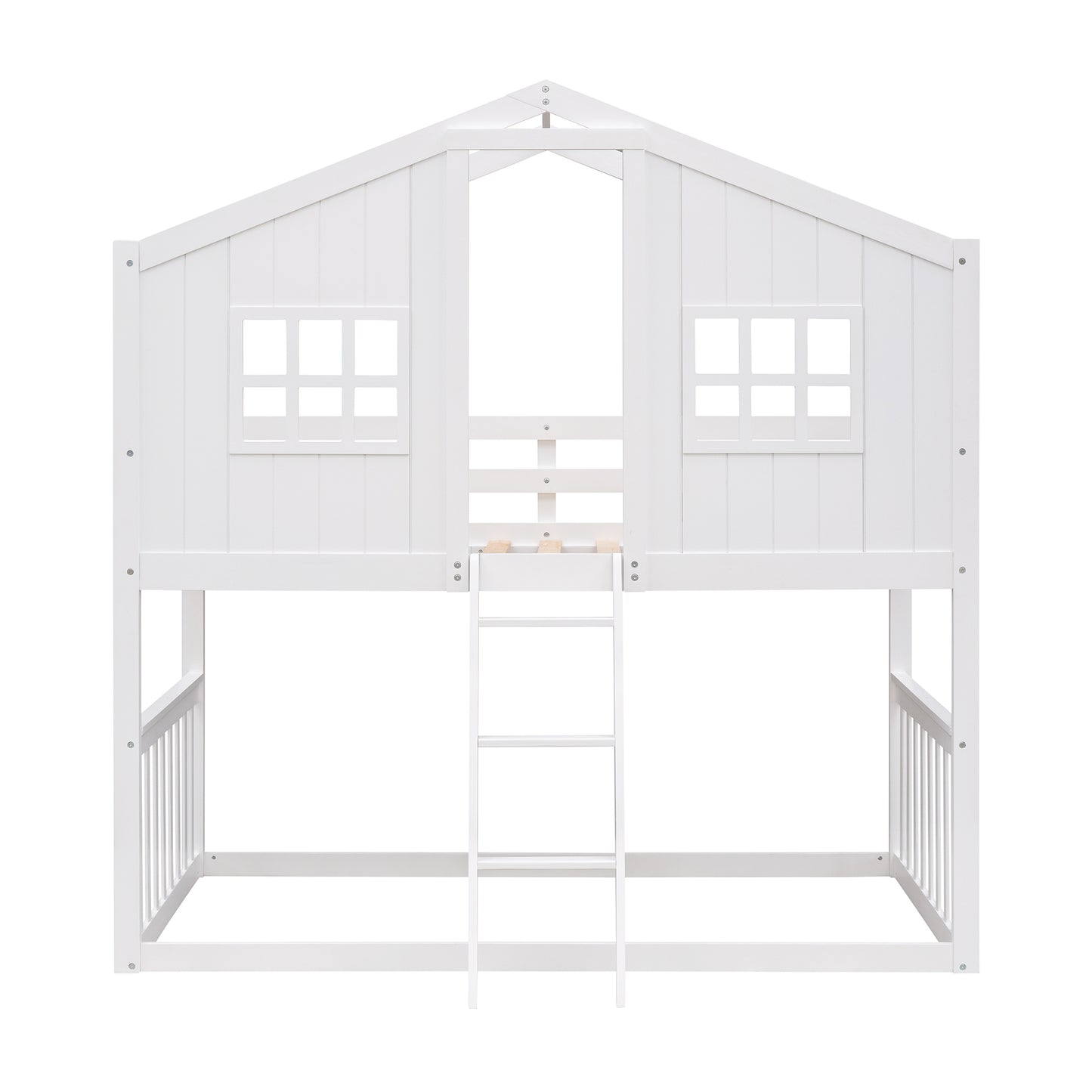 White Wood House Bunk Bed with Skylight - Twin Over Twin