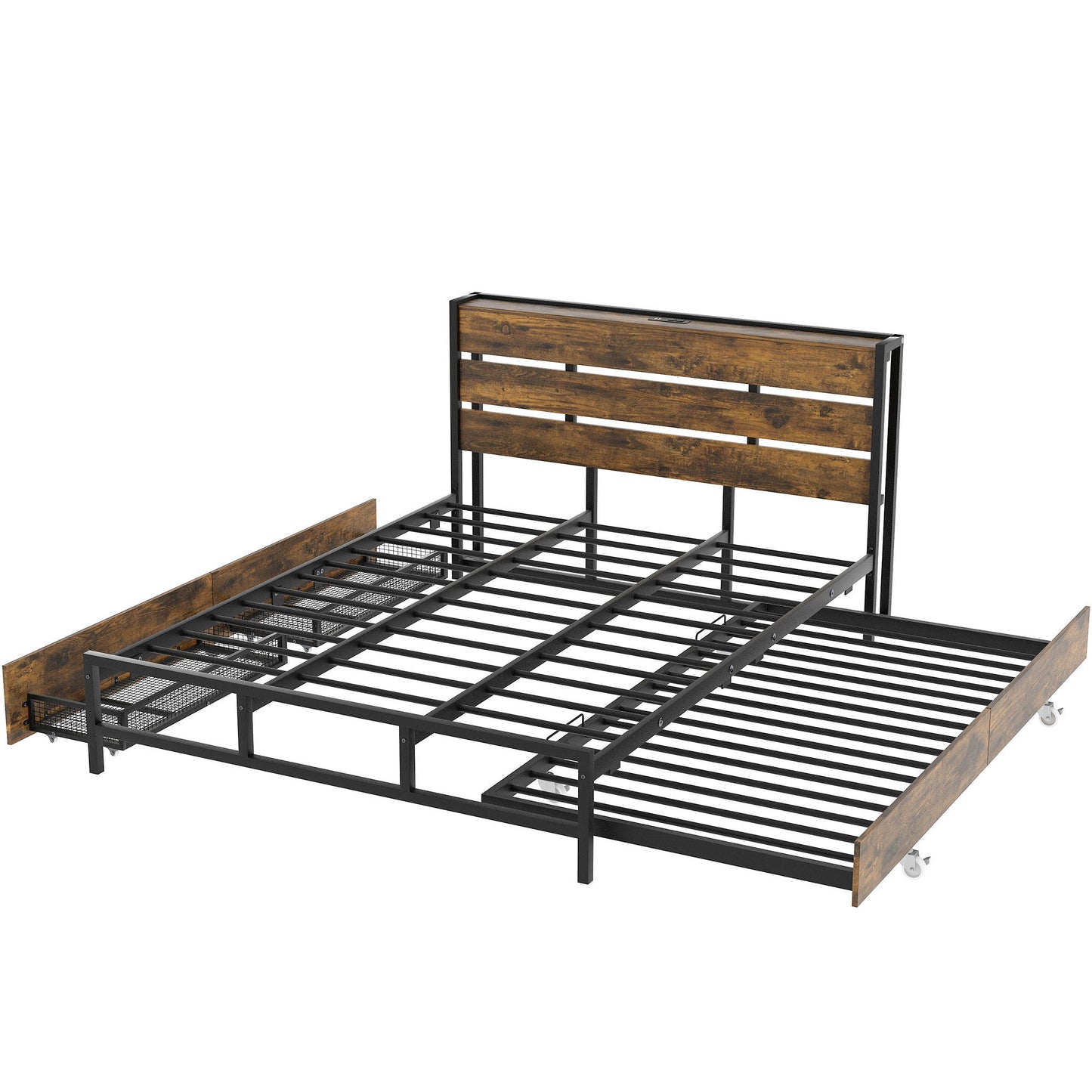 Metal Platform Bed With Drawers and trundle, Sockets and USB Ports, Queen,Black