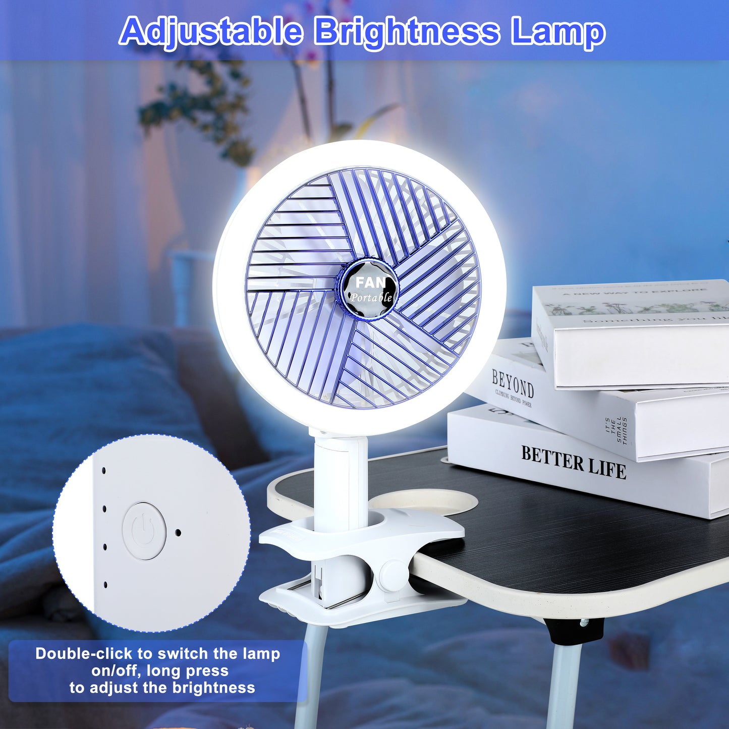 Clip on Fan with LED Lamp, Rechargeable Desk Fan, 4 Speed 360°Rotating Detachable Clamp Fan, Battery Powered USB Camping Fan Portable for Cart RV Car Travel Camping Tent Workout Treadmill Bed Desk