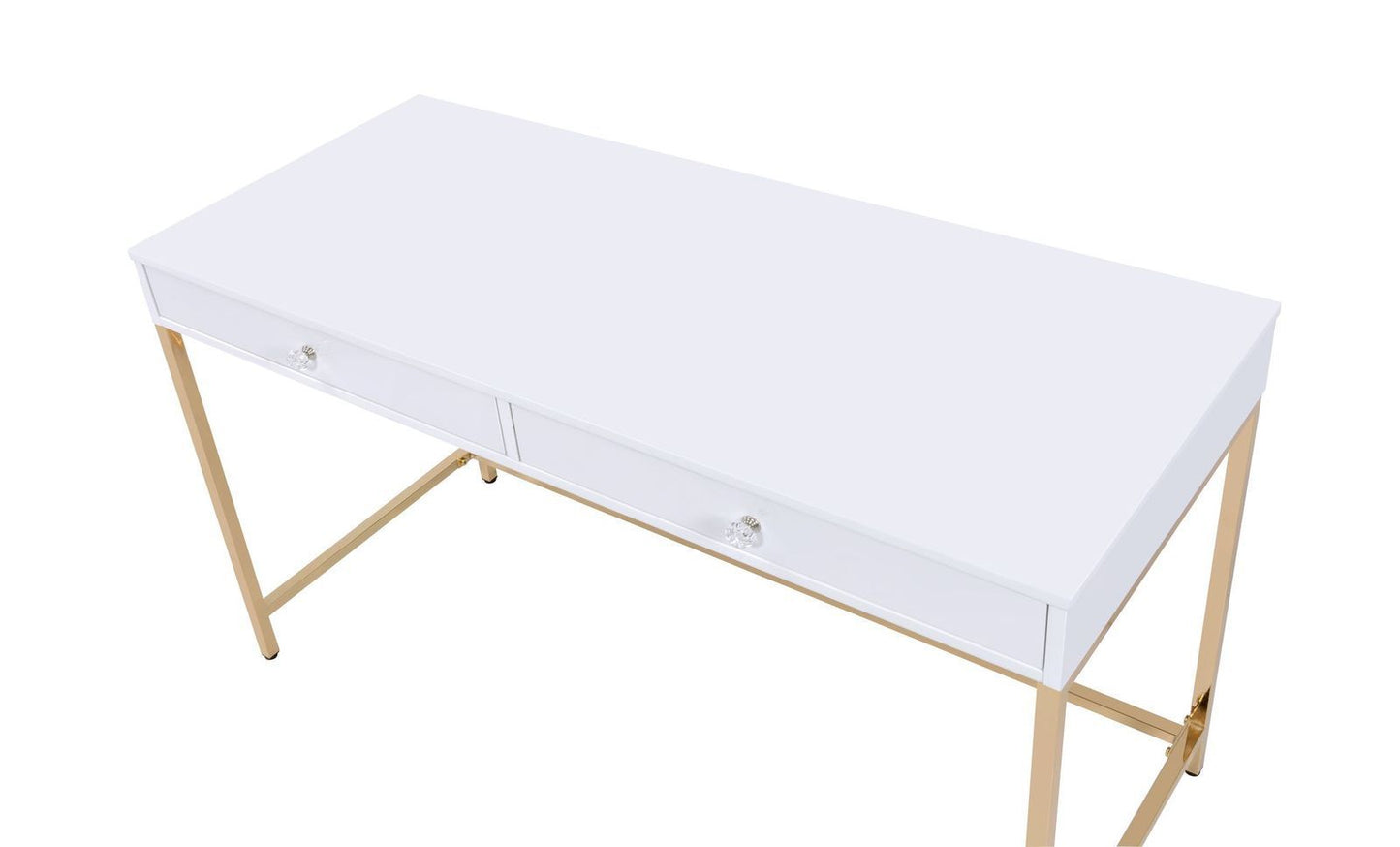 Elegant White High Gloss Office Desk with Gold Metal Accents and Storage