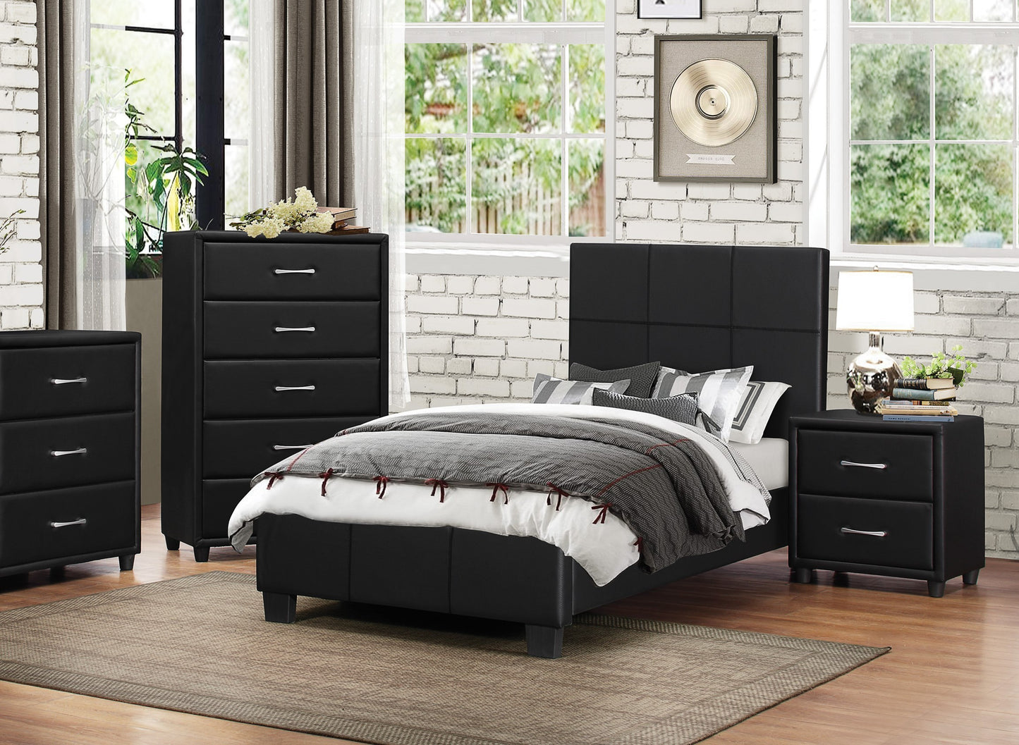 Contemporary Durable Black Faux Leather Covering 1pc Nightstand of Drawers Silver Tone Bar Pulls Stylish Furniture