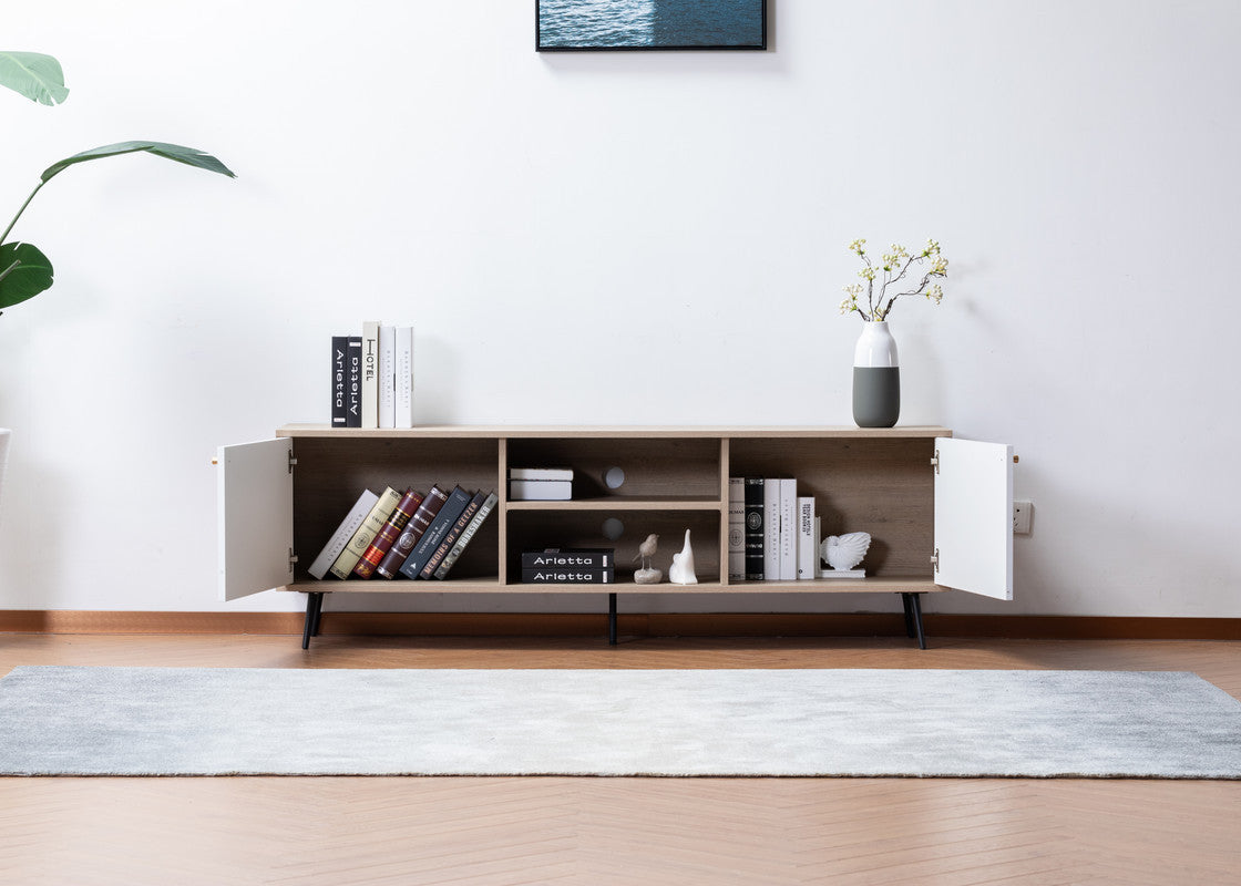 Aurora Light Brown Wood Finish TV Stand with 2 White Cabinets and Adjustable Shelves