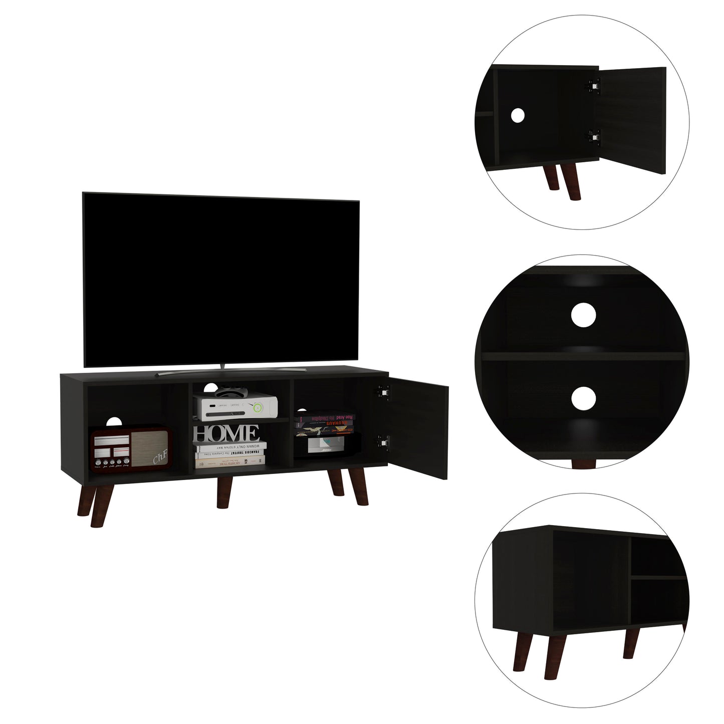 Cincinnati TV Stand with Three Shelves and Single Door Cabinet for TVs up to 57 - Black