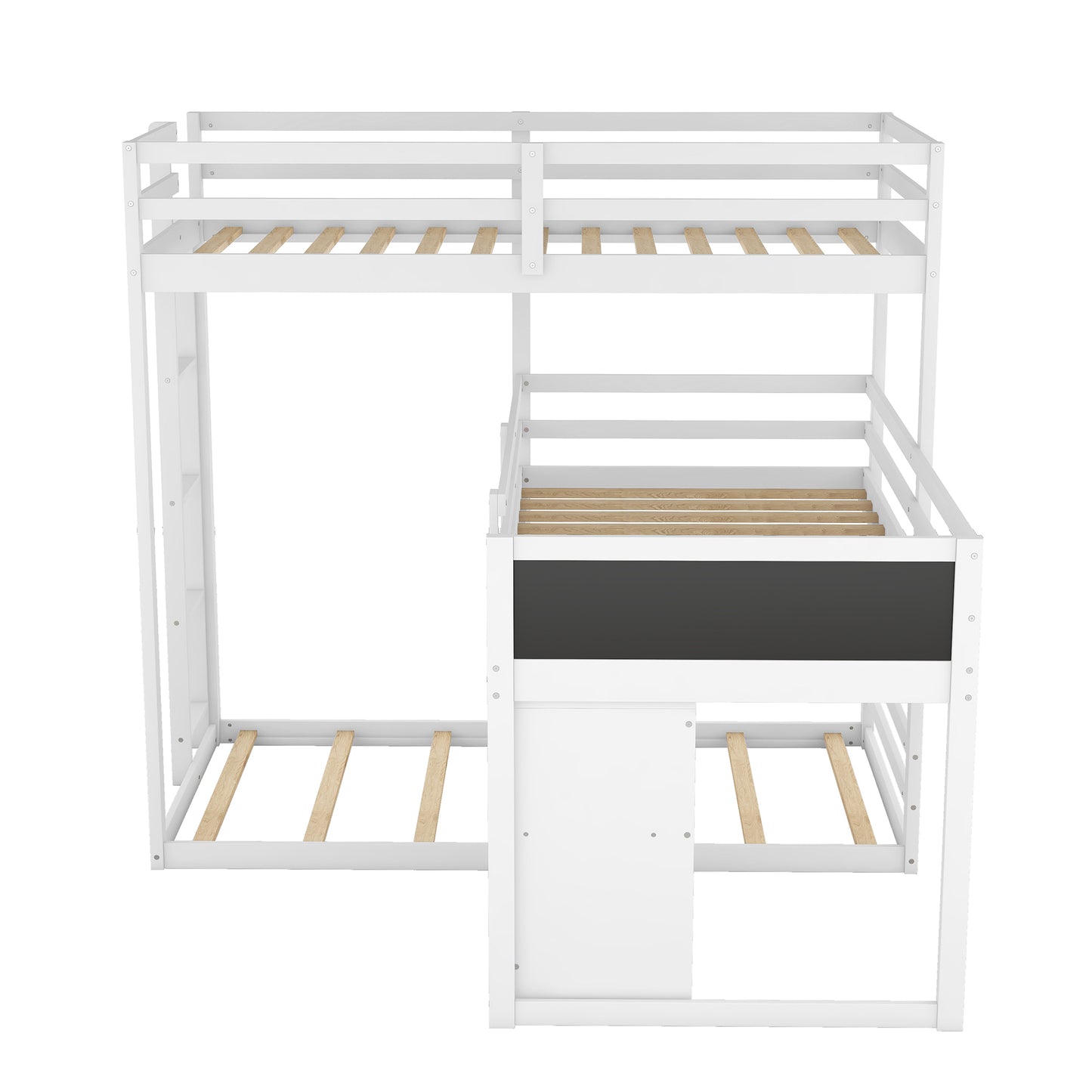 L-Shaped Triple Bunk Bed with Storage Cabinet, Blackboard, and White Finish - Innovative Space-Saving Solution