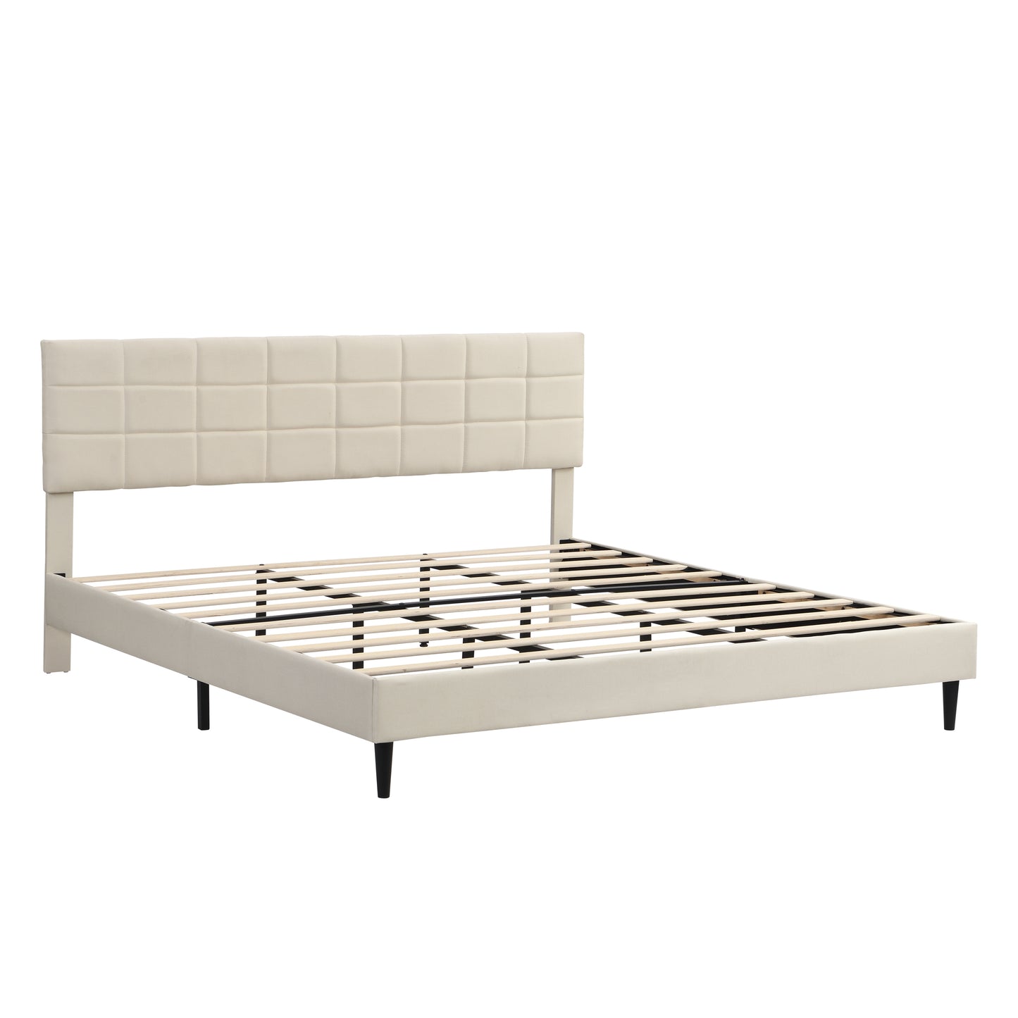 King Size Platform Bed Frame with Fabric Upholstered Headboard and Wooden Slats, No Box Spring Needed/Easy Assembly, Dark Beige