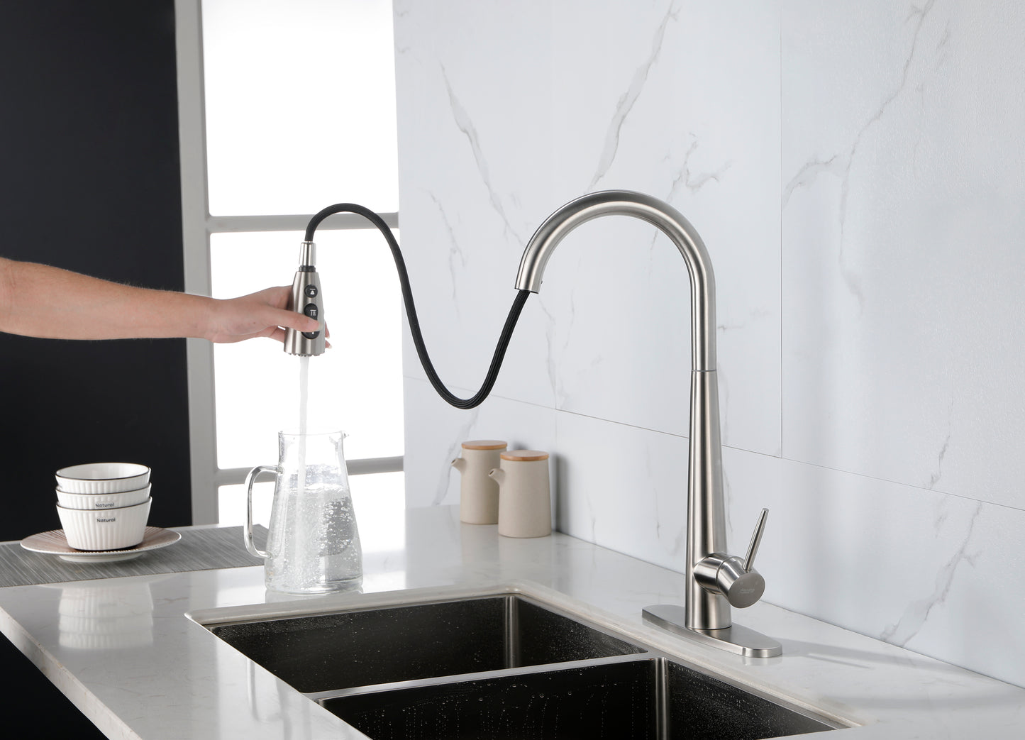 Commercial-Grade Stainless Steel Kitchen Faucet with Pull Down Sprayer and High Arc Handle