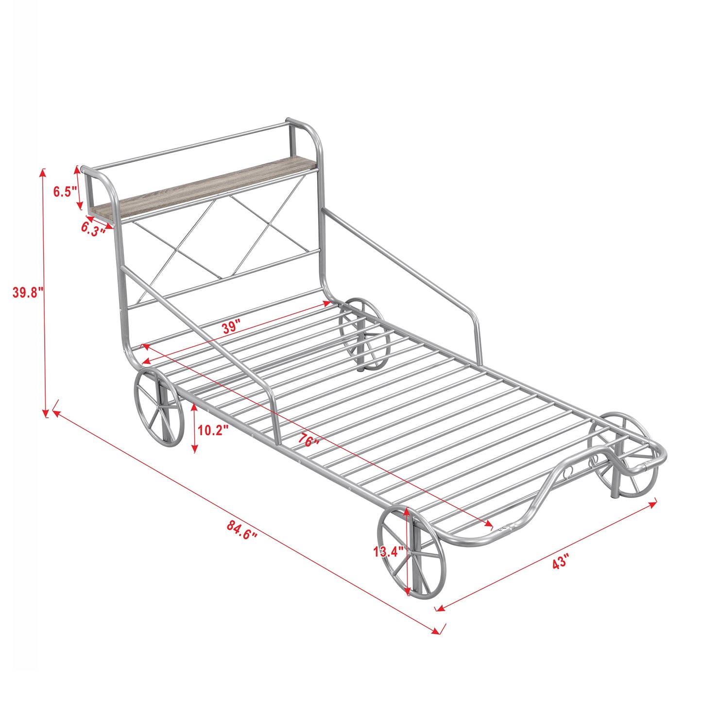 Twin Size Metal Car Bed with Four Wheels, Guardrails and  X-Shaped Frame Shelf, Silver(: MF297599AAN)